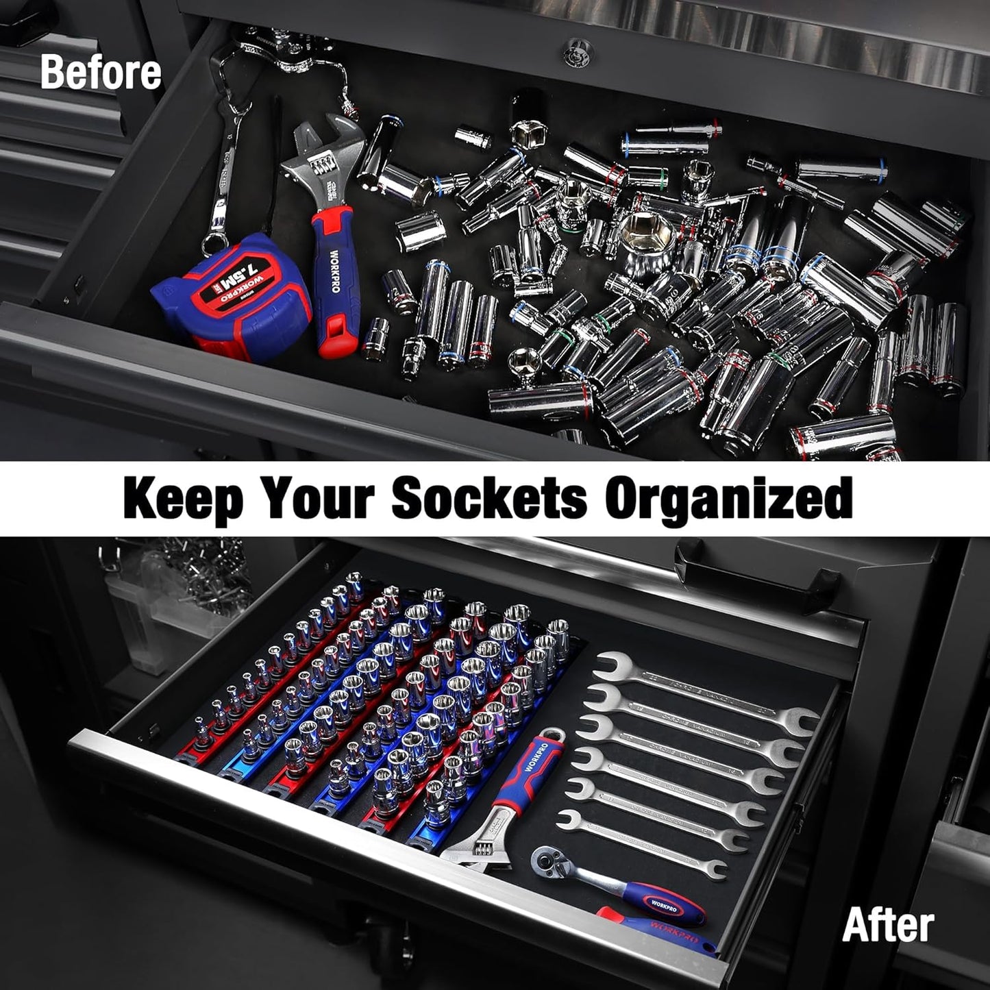 WORKPRO Magnetic Socket Organizer, 1/4-Inch Drive Aluminum Alloy Sockets Rail, Heavy Duty Sockets Holder, Socket Rack Kit 1/4-Inch x 12 Clips (Blue)