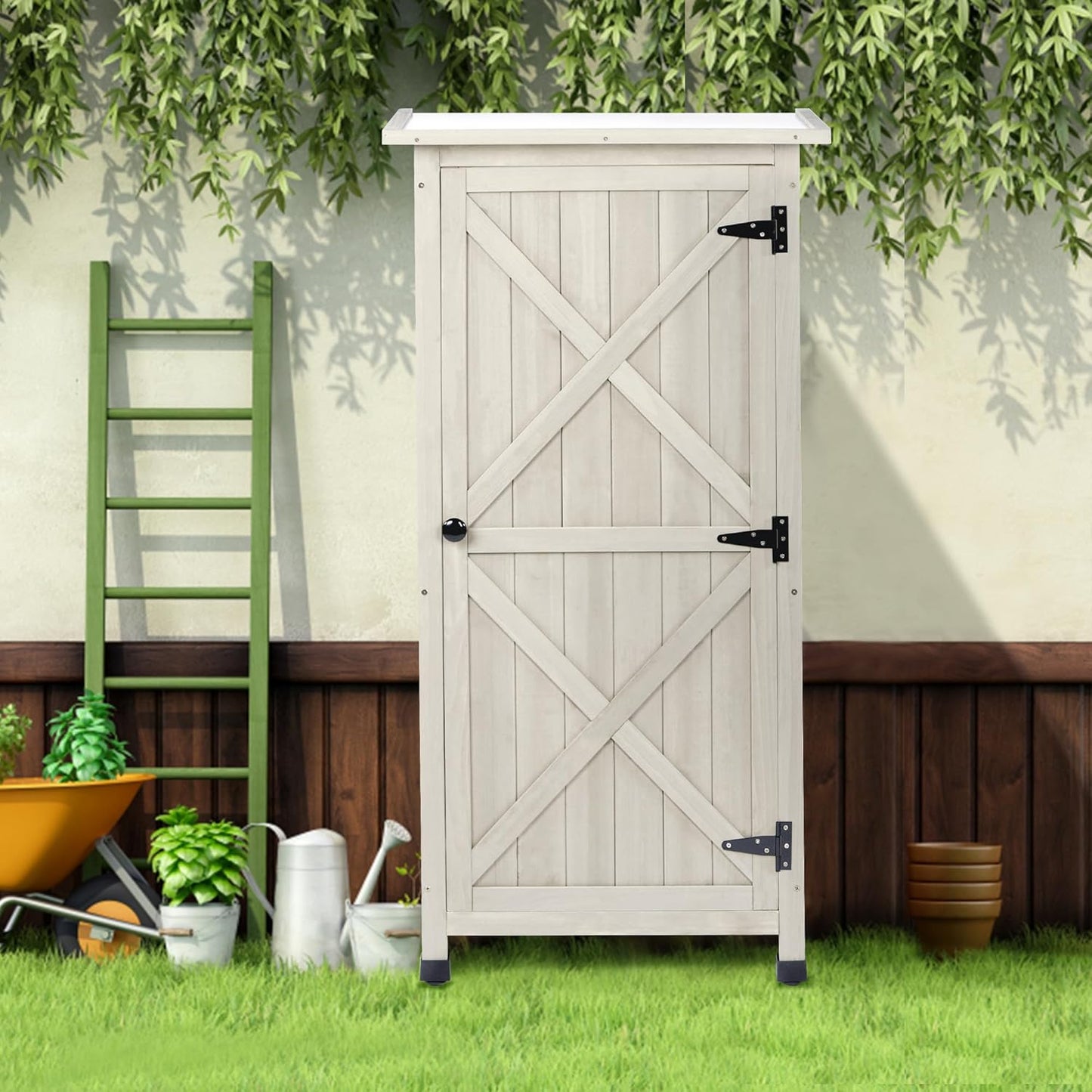 Wooden Outdoor Storage Cabinet, Vertical Garden Tool Shed with Waterproof Metal Roof & 2 Adjustable Shelves Ideal for Yard, Patio, Deck and Porch (Gray, 20" x 24" x 48")