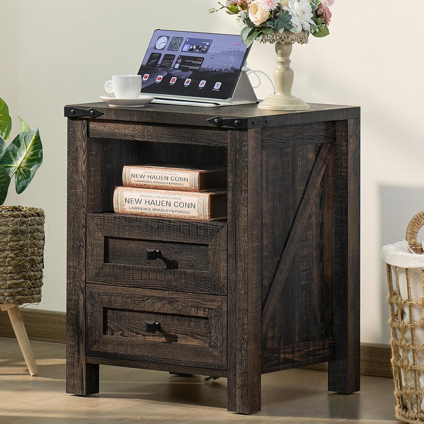 Nightstands Set of 2 with Charging Station, Farmhouse Night Stand with 2 Drawers and Shelf Storage, Wooden Side End Table, Bedside Cabinet for Bedroom, Living Room, Closet,Office (Dark Drey)