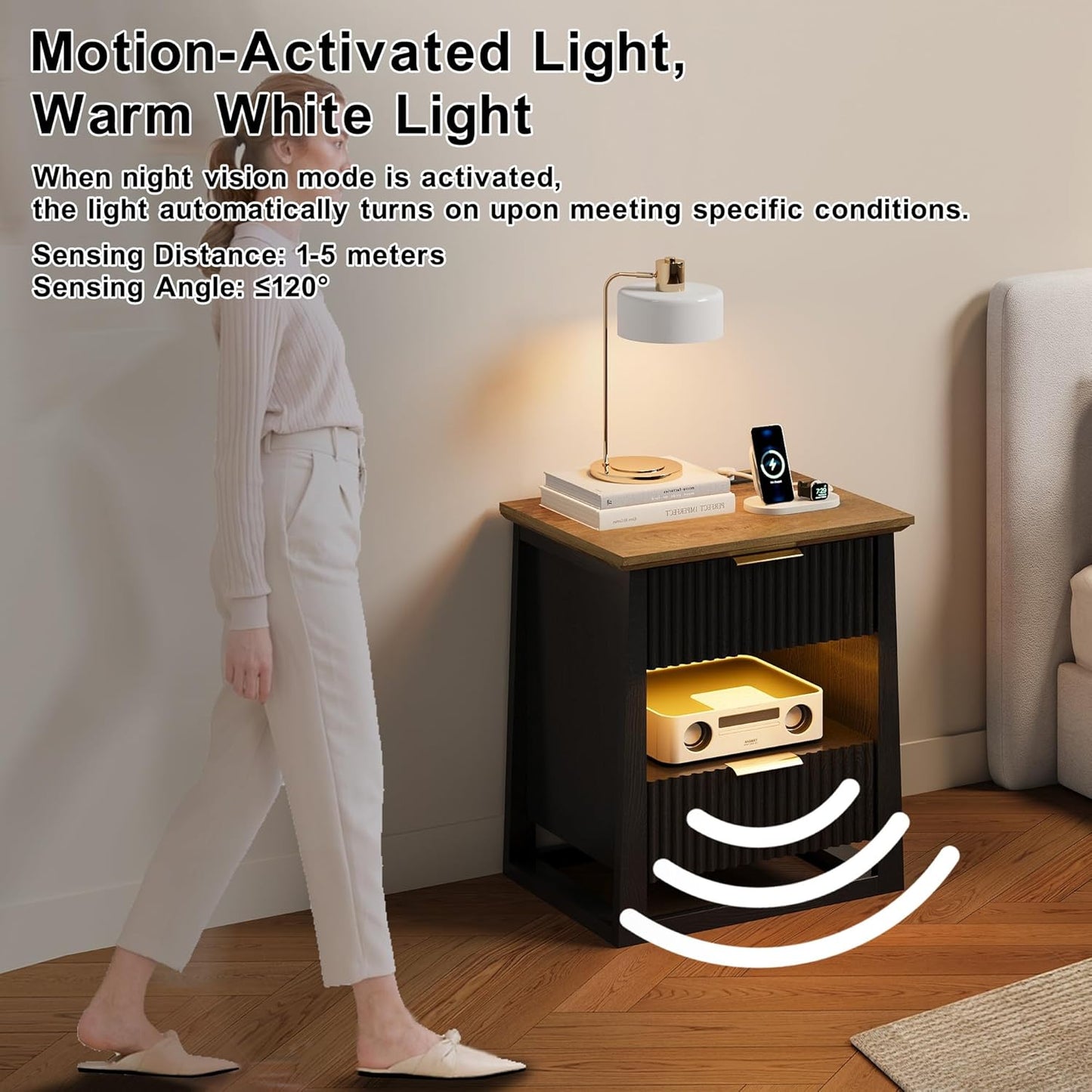 HIFYOBRO Fluted Nightstands with Charging Station & Motion Sensor Light, Modern Bedside Tables with 2 Drawers and Storage Shelf for Bedroom, Black