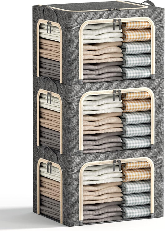 3 Openings Clothes Storage Bins with Metal Frame, Foldable Storage Bin for Clothes, Clothing Storage Bins with Lid, Linen Storage Box With Clear Window＆ Zippers＆ Durable Handles.(3 Pcs,Dark Grey,40L)