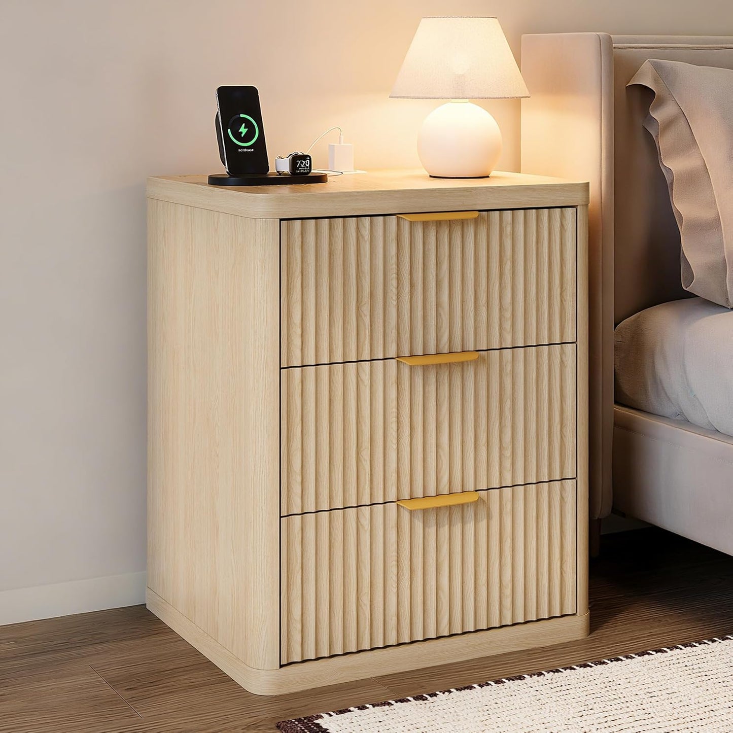 Fluted Nightstand with Charging Station, Bedside Table with 3 Drawers Storage Space, Metal Handles and Rounded Corners for Safety, Mid Century Modern End Table, Side Table for Bedroom, Living Room