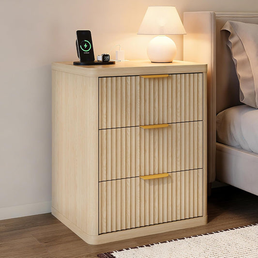 Fluted Nightstand with Charging Station, Bedside Table with 3 Drawers Storage Space, Metal Handles and Rounded Corners for Safety, Mid Century Modern End Table, Side Table for Bedroom, Living Room