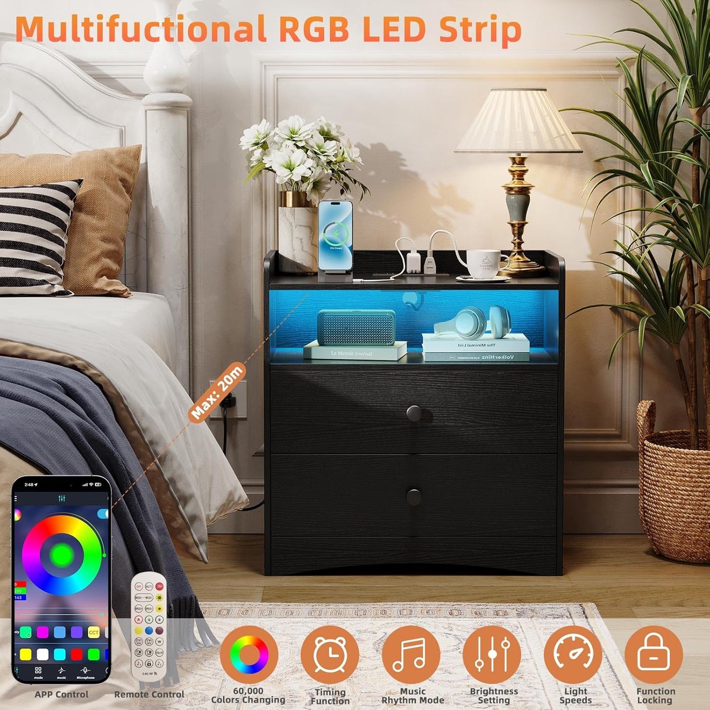 2 Pack Nightstand with Charging Station and LED Light, Modern Nightstand with USB Ports and Outlets, Wooden Bedside Table with 2 Storage Drawers, Small Dresser for Bedroom Small Space, Black