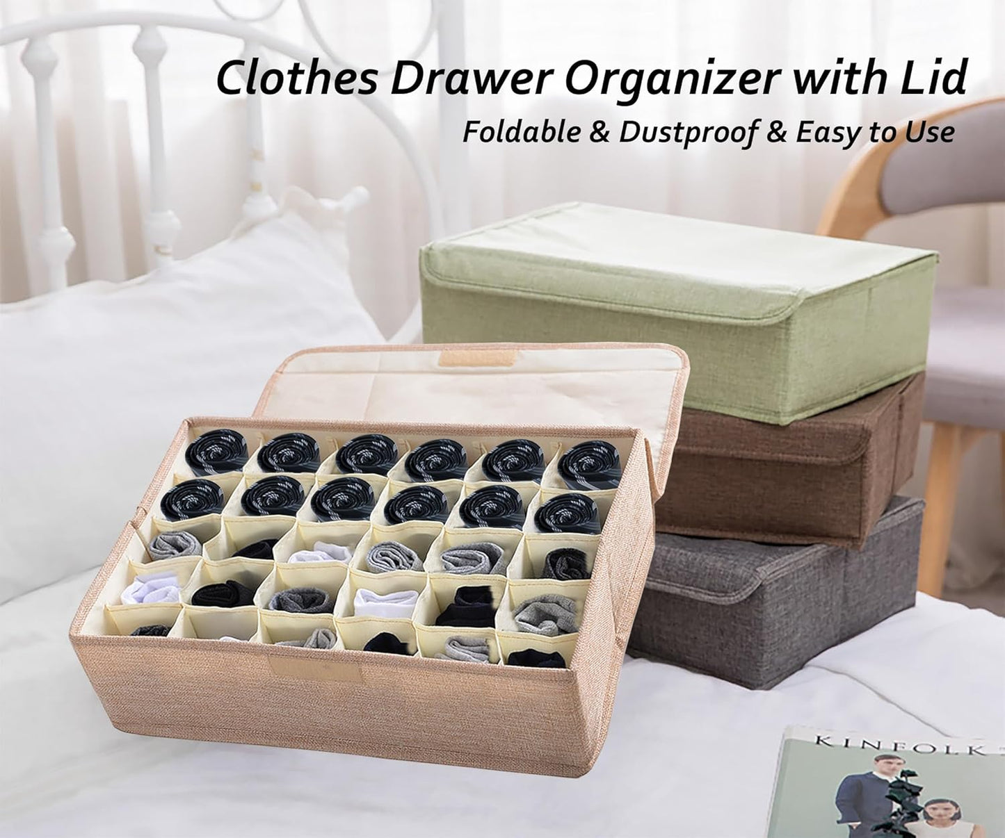 AARAINBOW 2 Packs Underwear Socks Ties Storage Organizer with Lids Foldable Closet Drawer Organizer 60 Cells, Fabric Drawer Wardrobe Divider Storage Boxes for Scarves and Lingerie (30 Cell, 2 Beige)
