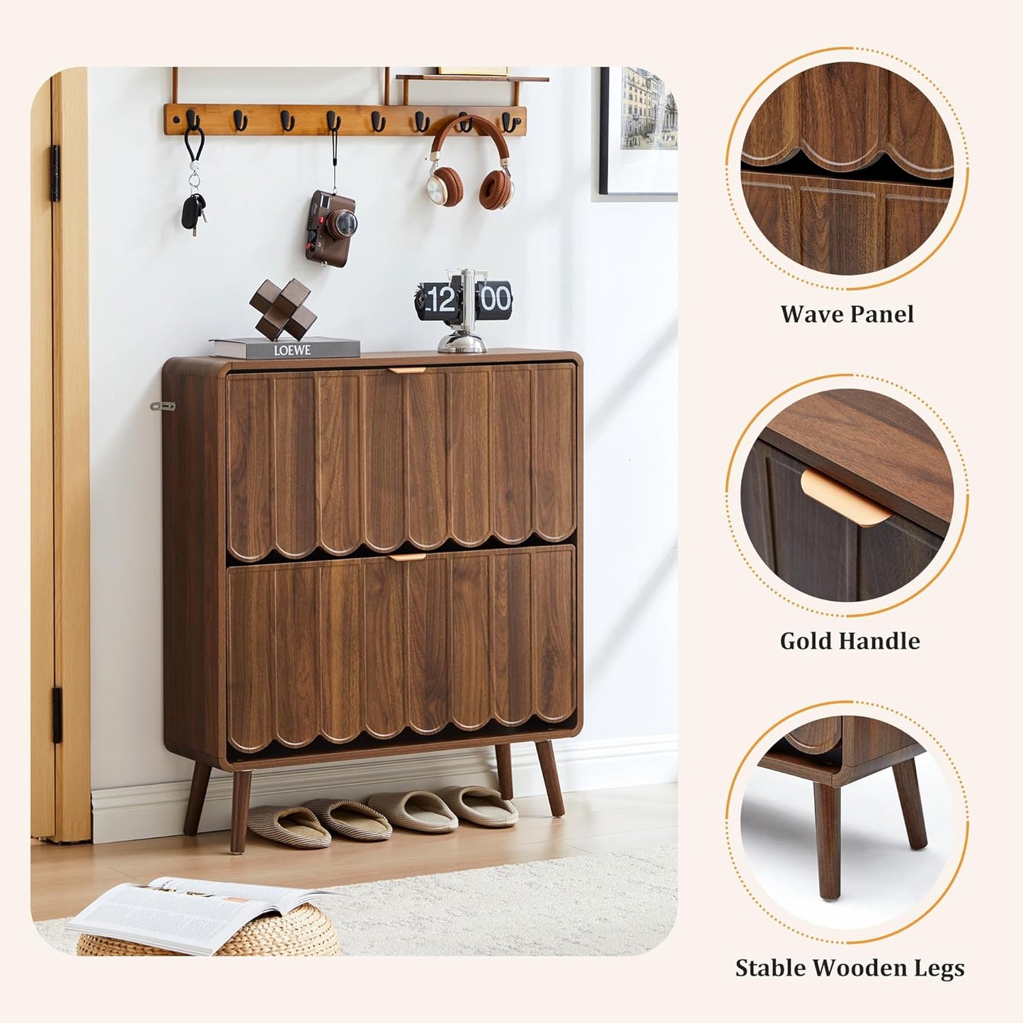 ORRD Shoe Storage Cabinet for Entryway with 2 Flip Drawers Set of 2, Freestanding Narrow Wood Shoe Cabinet with Wave Panel, Hidden Shoe Organizer for Foyer, Hallway (Walnut)