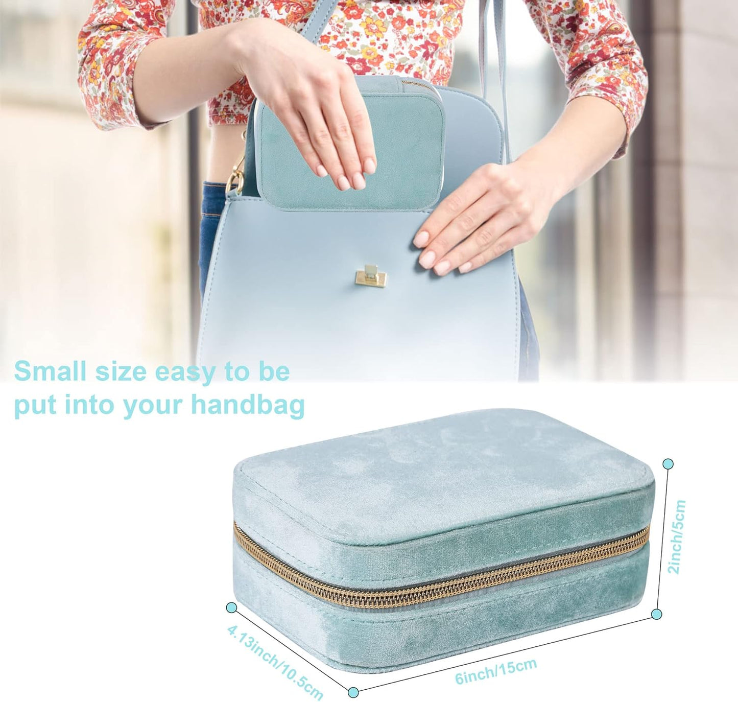 Dajasan Velvet Jewelry Boxes, Mini Travel Jewelry Case, Small Portable Travel Jewelry Organizer Box for Earrings Bracelets Rings Necklace (Cyan Blue)