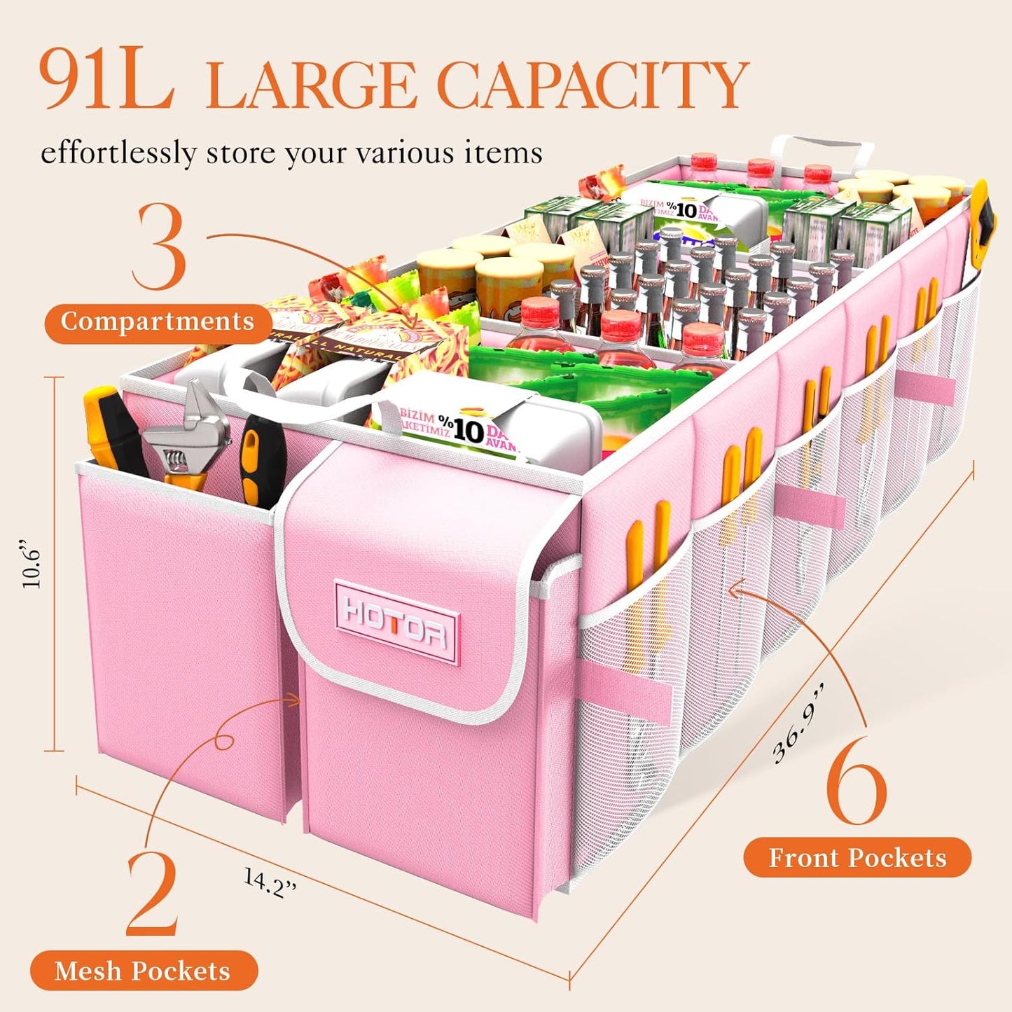 HOTOR Trunk Organizer for suv - Car Organizer, Foldable Trunk organizer for SUVs & Sedans, Sturdy Car Organization for Car Accessories, Tools, Sundries, Pink, 3 Compartments, 31.9"×12.6"×10.6"