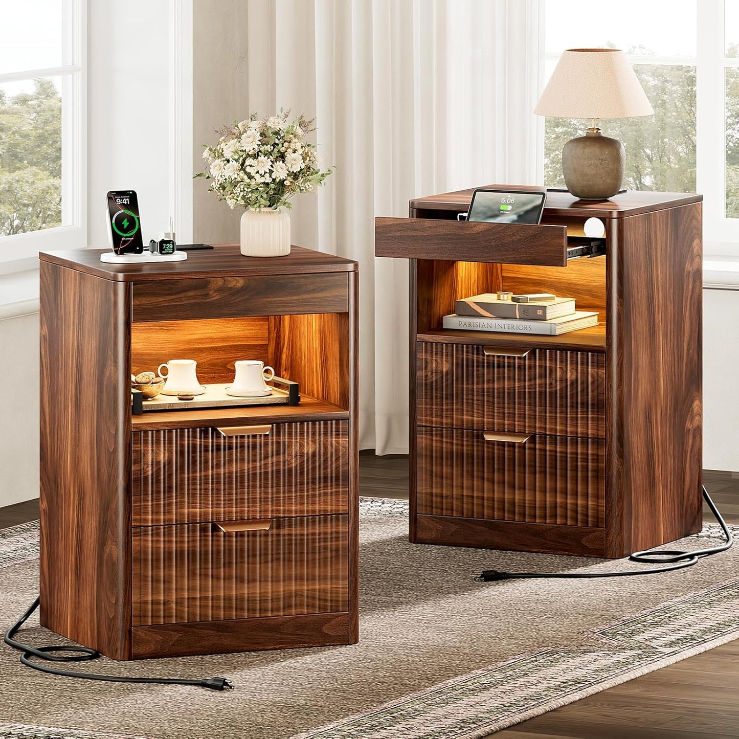 REAHOME Fluted Nightstand Set of 2 with Charging Station, Modern LED Night Stand with 2 Drawers and Pull Out Tray, Wood Bedside Table, End Side Table with Open Shelf for Bedroom,Walnut