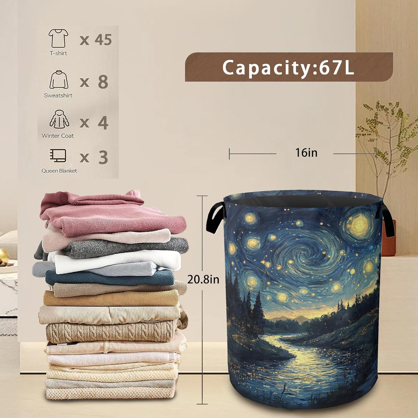 Night Sky Laundry Hamper,Collapsible Laundry Baskets,Stream Fireflies Dirty Clothes Baskets with Handles,Oxford Cloth Hamper for Bedroom,Bathroom,College Dorms, 16"x20"