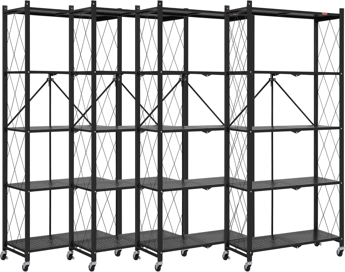 DEANIC 5 Tier Foldable Storage Shelves with Wheels, Large Capacity Shelving Unit, Freestanding Metal Wire Shelf Rack, No Assembly Organizer Rack for Garage Kitchen, Basement, Pantry(Black Pack of 4)