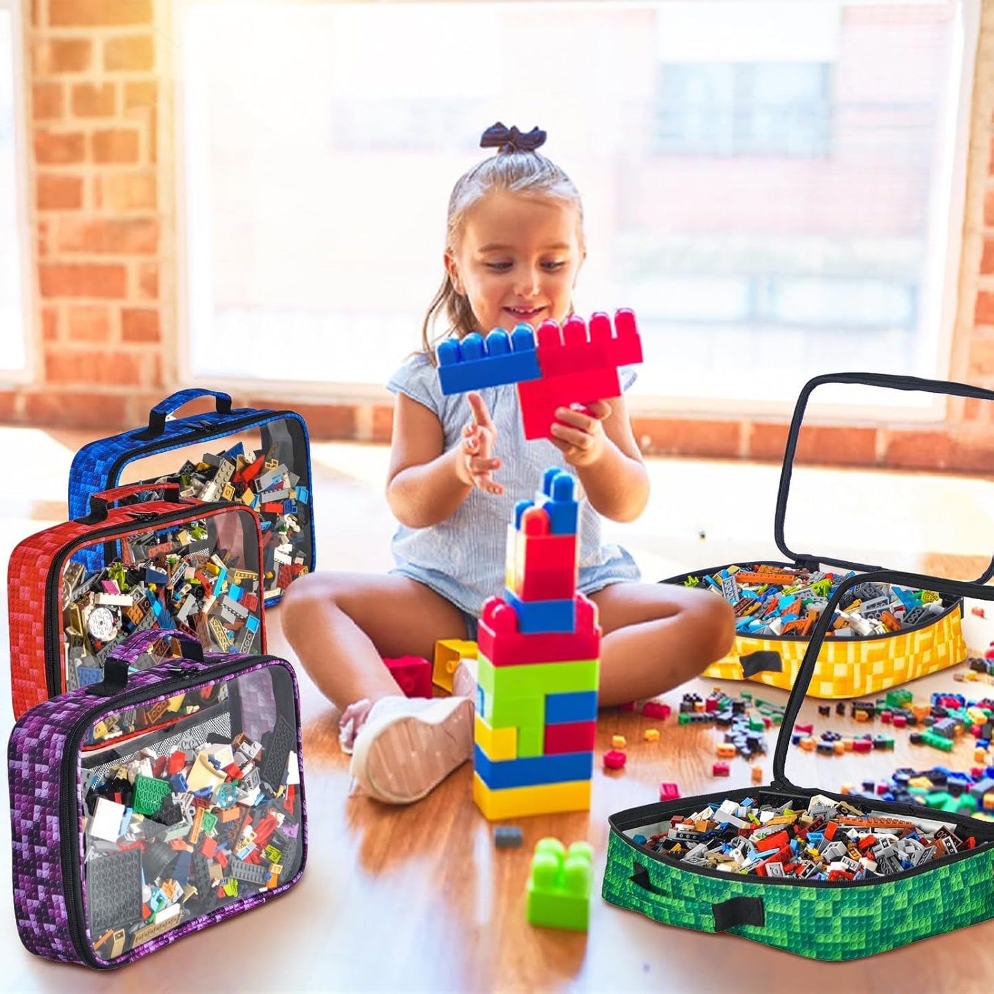 5 PCS Toys Storage Bags for kids,Travel Organizer Pouch Case for Toy Bricks, Puzzles, Building Blocks,Waterproof Colorful Print Design with Handle (Transparent)