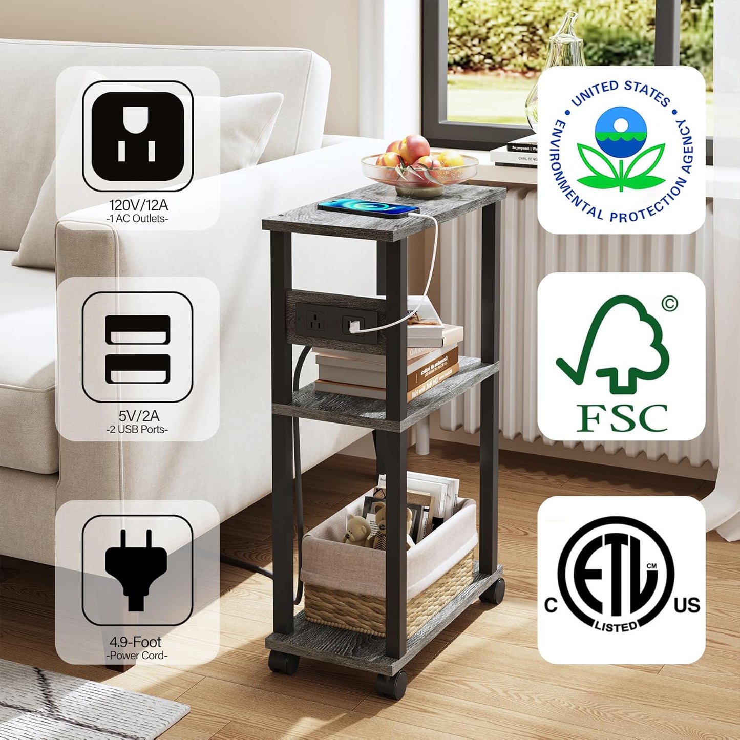 TUTOTAK Small Narrow Side Table with Charging Station, Skinny End Table for Small Spaces, Slim Nightstand with USB Ports and Outlet, Sofa Beside Table with Wheels, Charcoal Grey TB01BY046