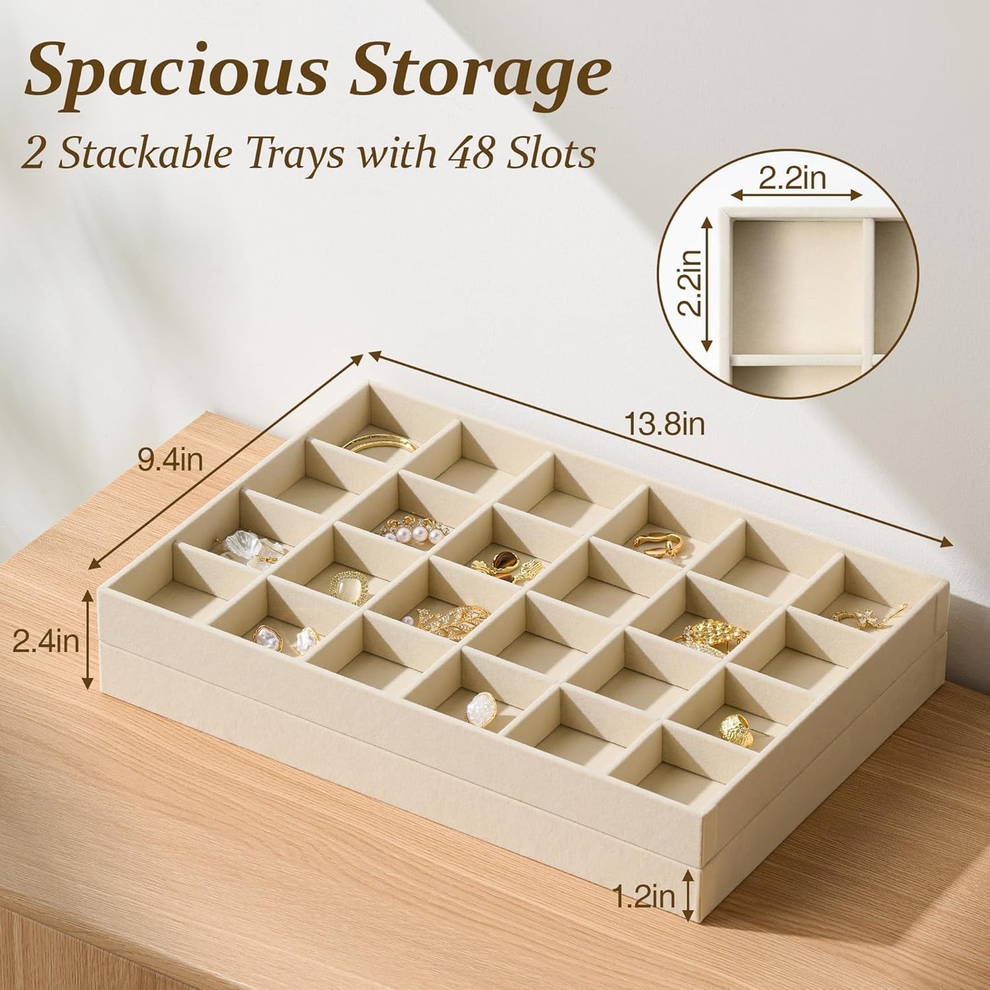 pickpiff Drawer Jewelry Organizer & Display Trays: 2pcs 24grid Velvet Stackable Jewelry Case (13.8x9.4x1.2inch) - Soft Beige Ring Storage Bracelet Holder Earring Box