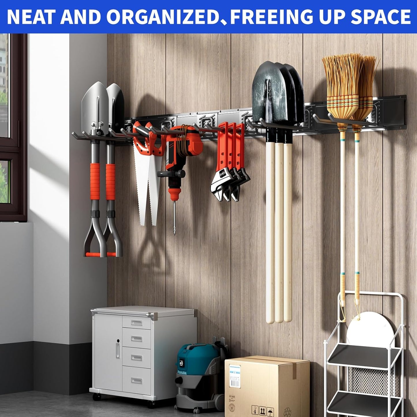 Garage Tool Organizer Wall Mount, 48inch Heavy Duty Garden Tool organizer Storage System, Easy Install With 6 Adjustable Straight Hooks, For Garage, Basement, Shed, Workshop(Black)