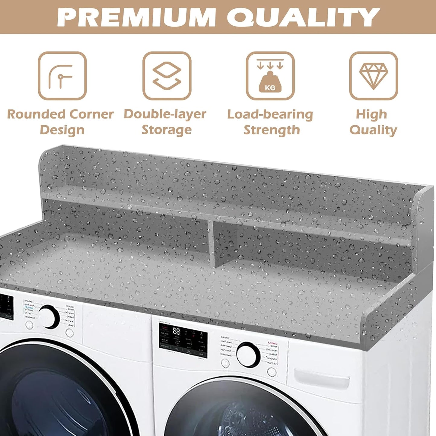 Royxen Laundry Countertop with 2-Tier Shelf Universal Fit, Washer and Dryer Countertop with Storage Space, Shelf Height 11.5 Inches, Solid Wood Core, Grey