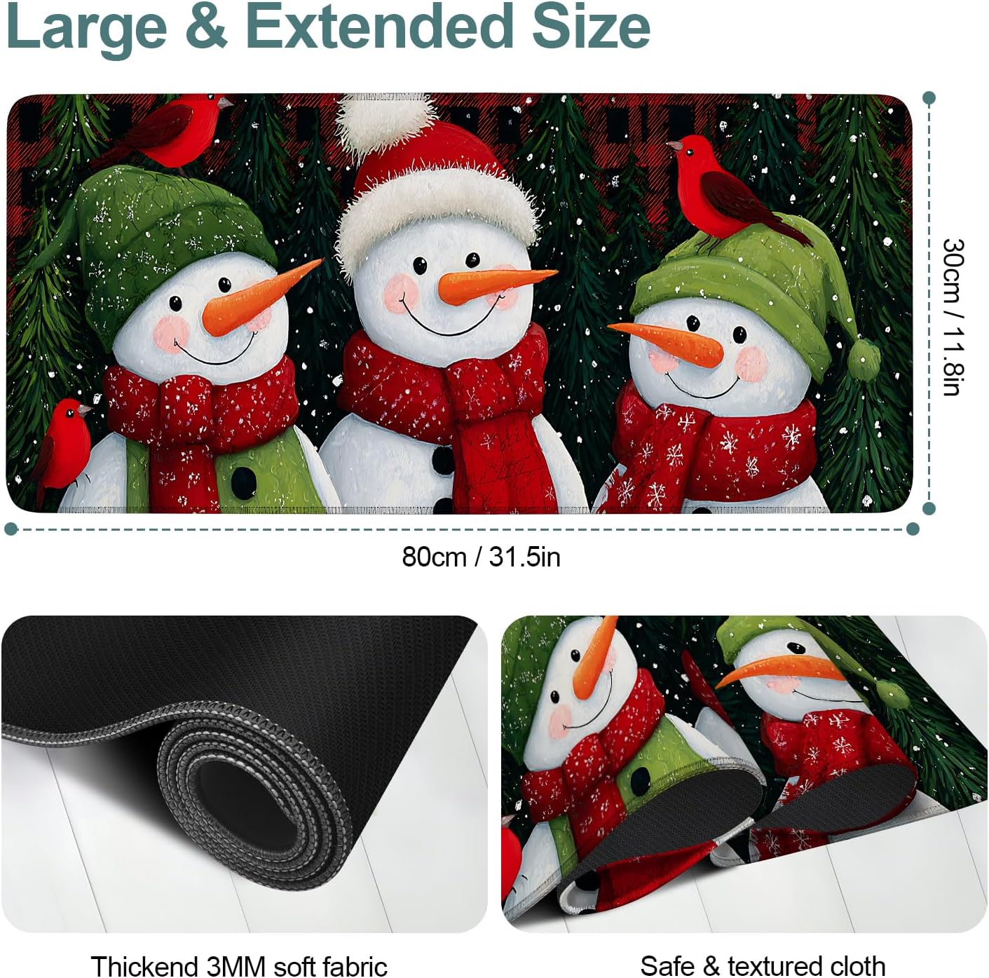 Three Snowmen Gaming Mouse Pad 31.5"x11.8"Desk Mat Anti-Slip Rubber Base & Durable Stitched Edges for Gamers Smooth Mouse Writing Surface for Desk Office/Home