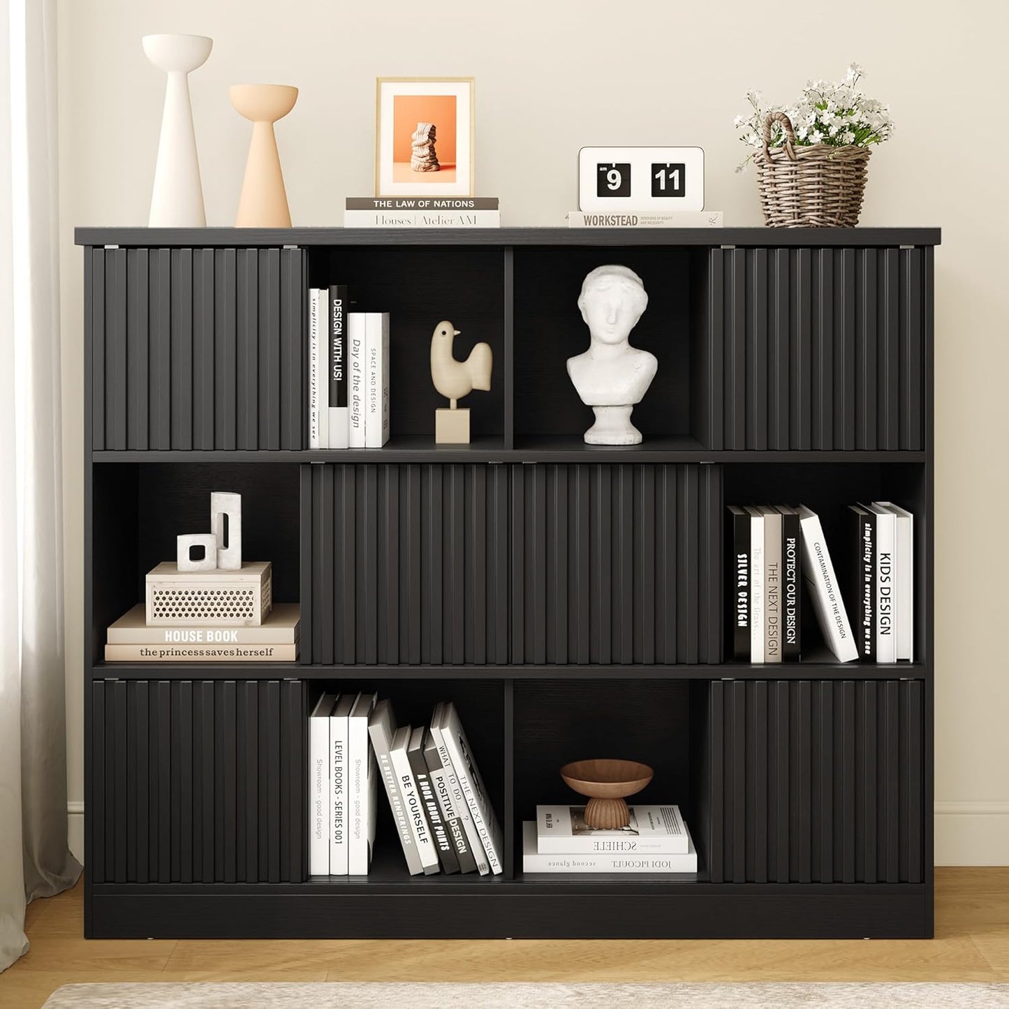 iPormis 12 Cube Bookcase with 6 Fluted Sliding Doors, 3 Tier Wooden Bookshelf, 47.2” Freestanding Cube Storage Organizer for Living Room, Office, Bedroom, Semi-Open Bookshelves, Black