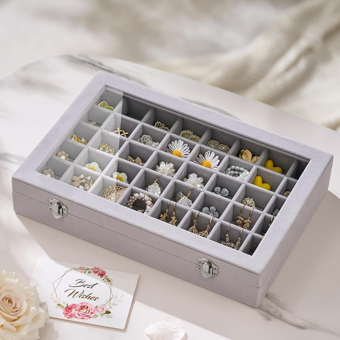48 Grid Earring Organizer and Storage: Velvet Jewelry Tray with Lid, Jewelry Box for Studs, Earrings, Rings, Necklaces, Dresser & Vanity, Earrings Case Organizer for Girls, Women, Grey