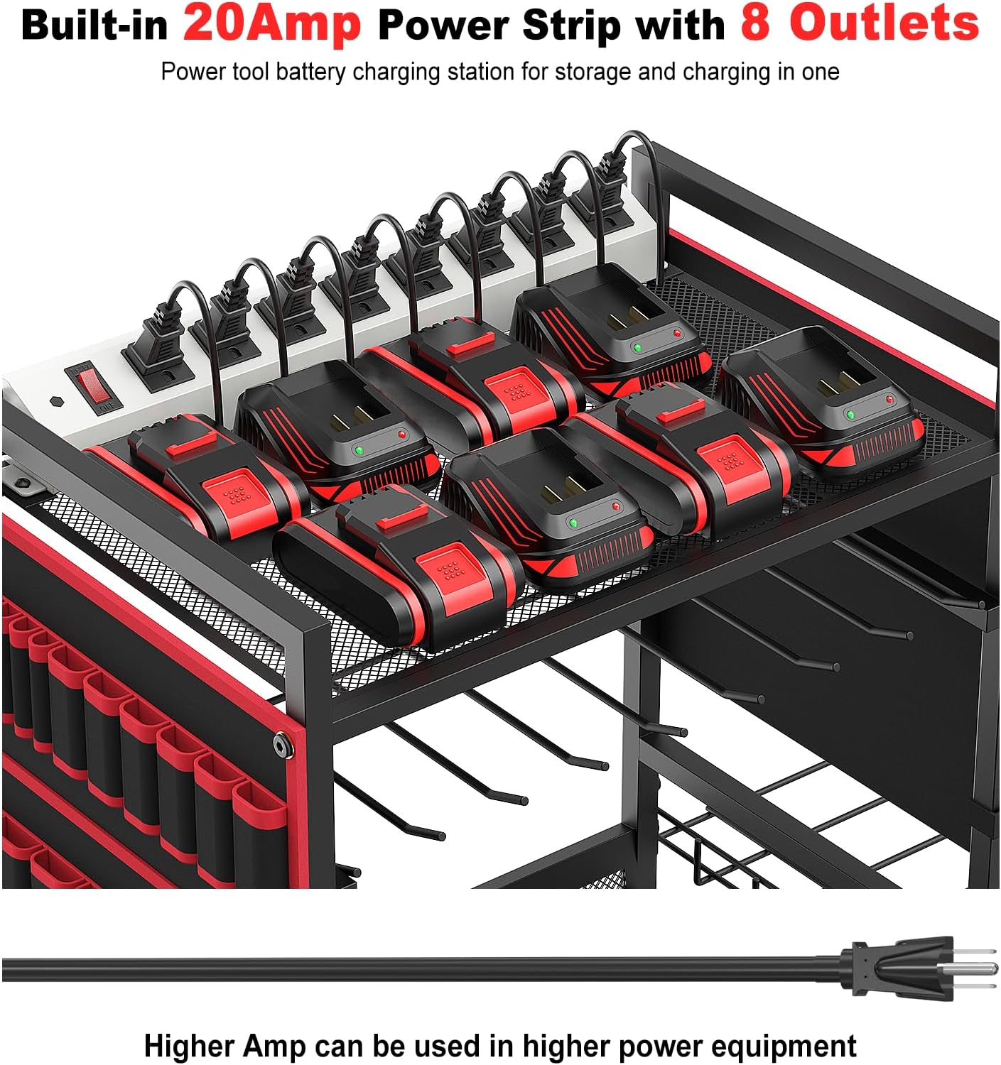JUNNUJ Garage Large Power Tool Organizer Cart with 20A Charing Station, Heavy Duty Drill and Tools Battery Holder Storage Rack, Floor Standing Rolling Tool Cart on Wheels, Red