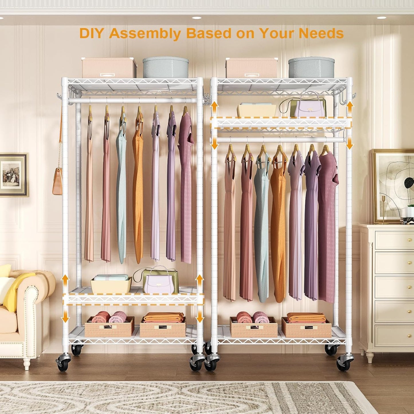 FUTASSI P6 Medium Rolling Clothes Rack Heavy Duty, Clothing Racks for Hanging Clothes, Freestanding Garment Rack with Wheels, Portable Closet Rack Max Load 370 LBS, 30''W x 14''D x 77.6''H, White