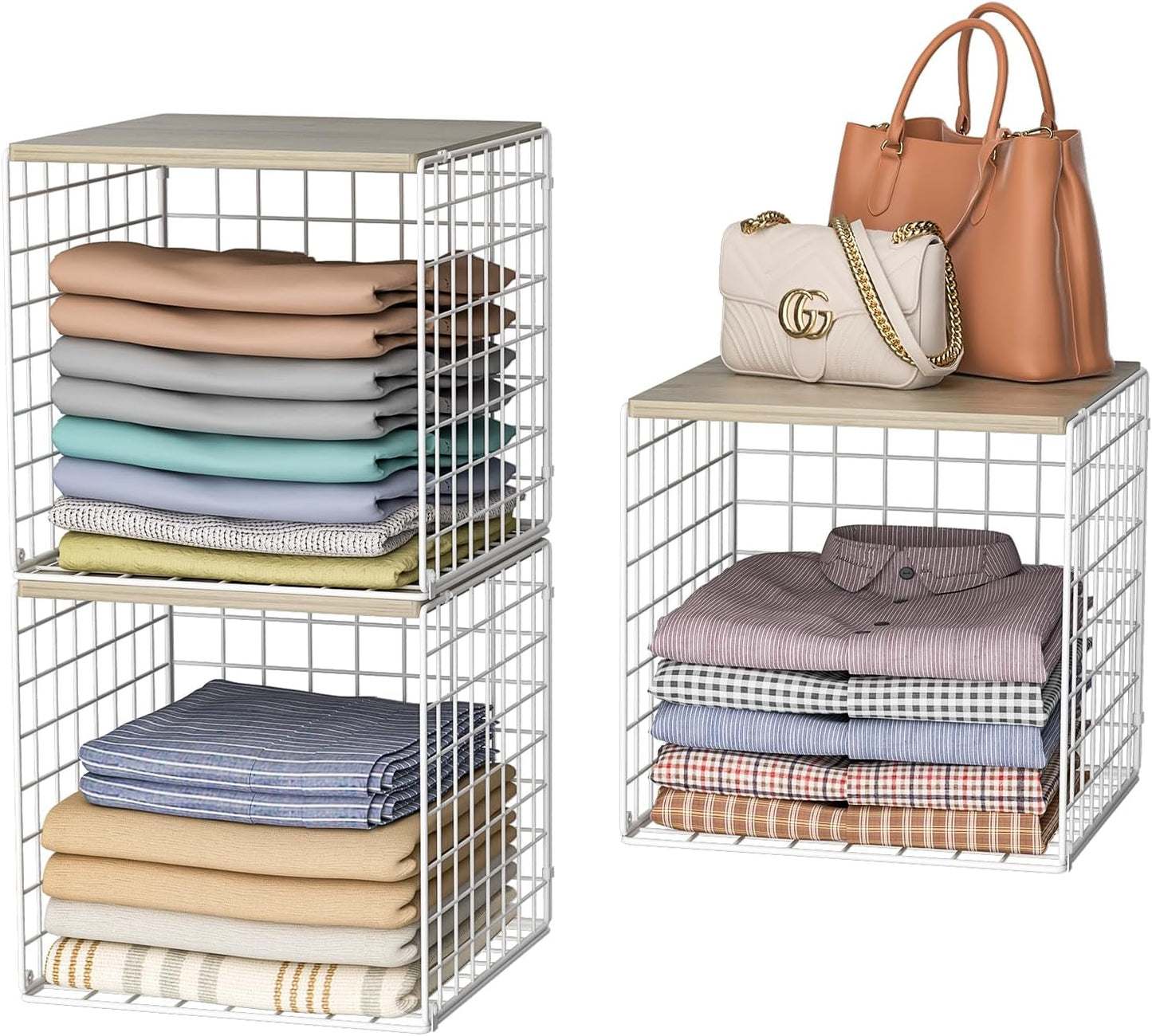 3PCS Stackable Closet Organizers and Storage, Closet Shelves with Wood Top Extra Storage, Clothes Storage Organizer Basket Bin/Cube for Home Wardrobe Organization(White-Sturdy Metal) Patent Pending