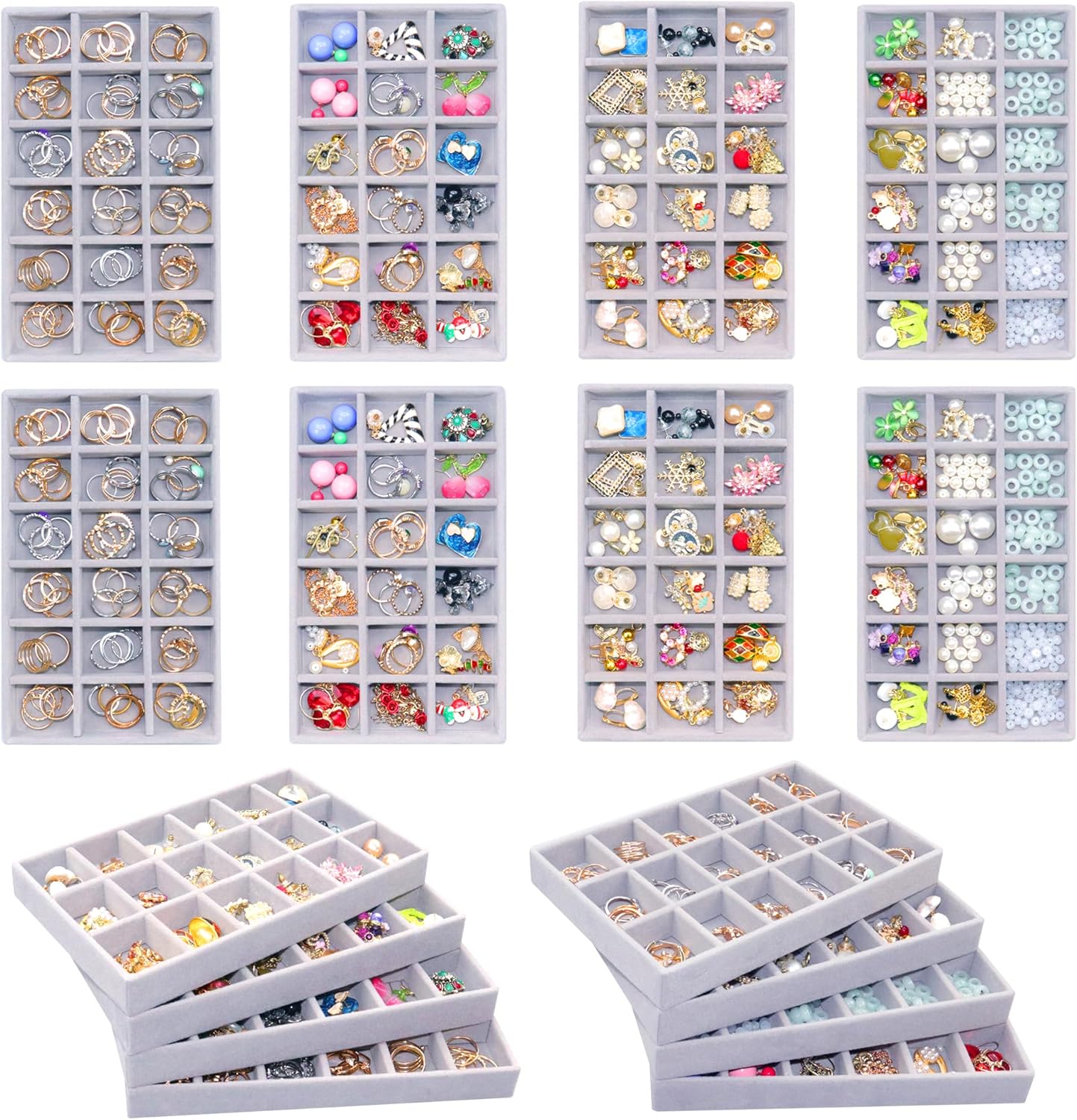 8 Pack Earring Organizer Holder Velvet Jewelry Tray for Drawer Stackable Jewelryy Organizer Divided Display Tray for Earring 18 Grids