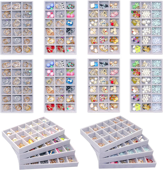 8 Pack Earring Organizer Holder Velvet Jewelry Tray for Drawer Stackable Jewelryy Organizer Divided Display Tray for Earring 18 Grids