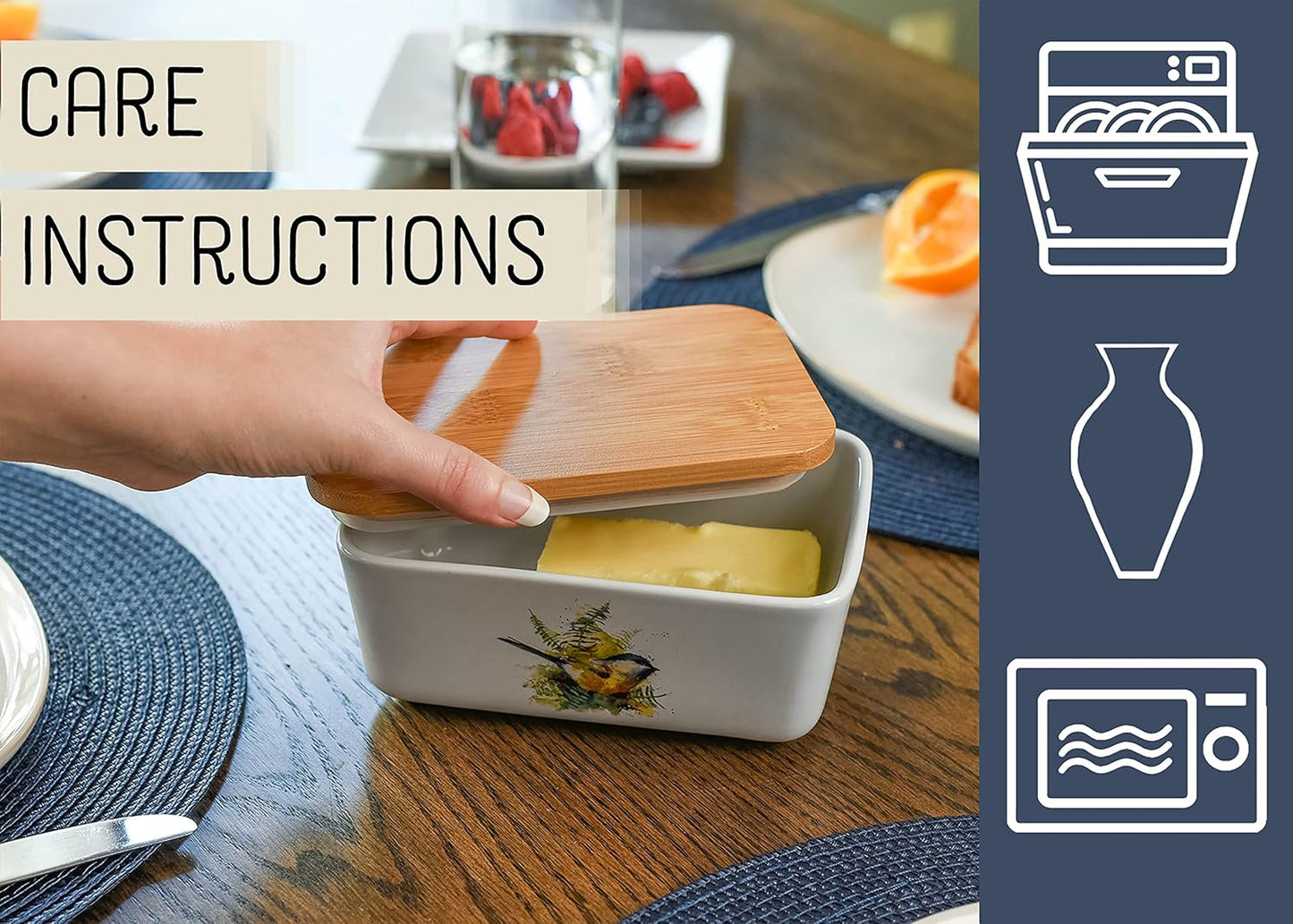 Nat & Jules Dean Crouser Ceramic Stoneware 1/2 Pound, 2 Sticks Butter Dish Airtight Bamboo Lid, Kitchen Accessory, Container Holder, Refrigerator Storage, Countertop Organization, Watercolor Chickadee