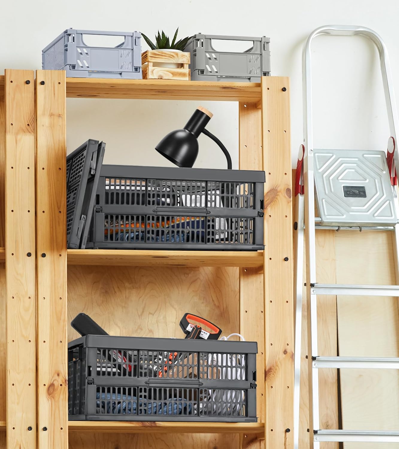 2-Pack Pastel Plastic Storage Baskets, Collapsible Crates for Organizing, Space-Saving Bins for Classroom, Kitchen, Office, Bedroom (Dark Grey, 19" x 13" x 9")