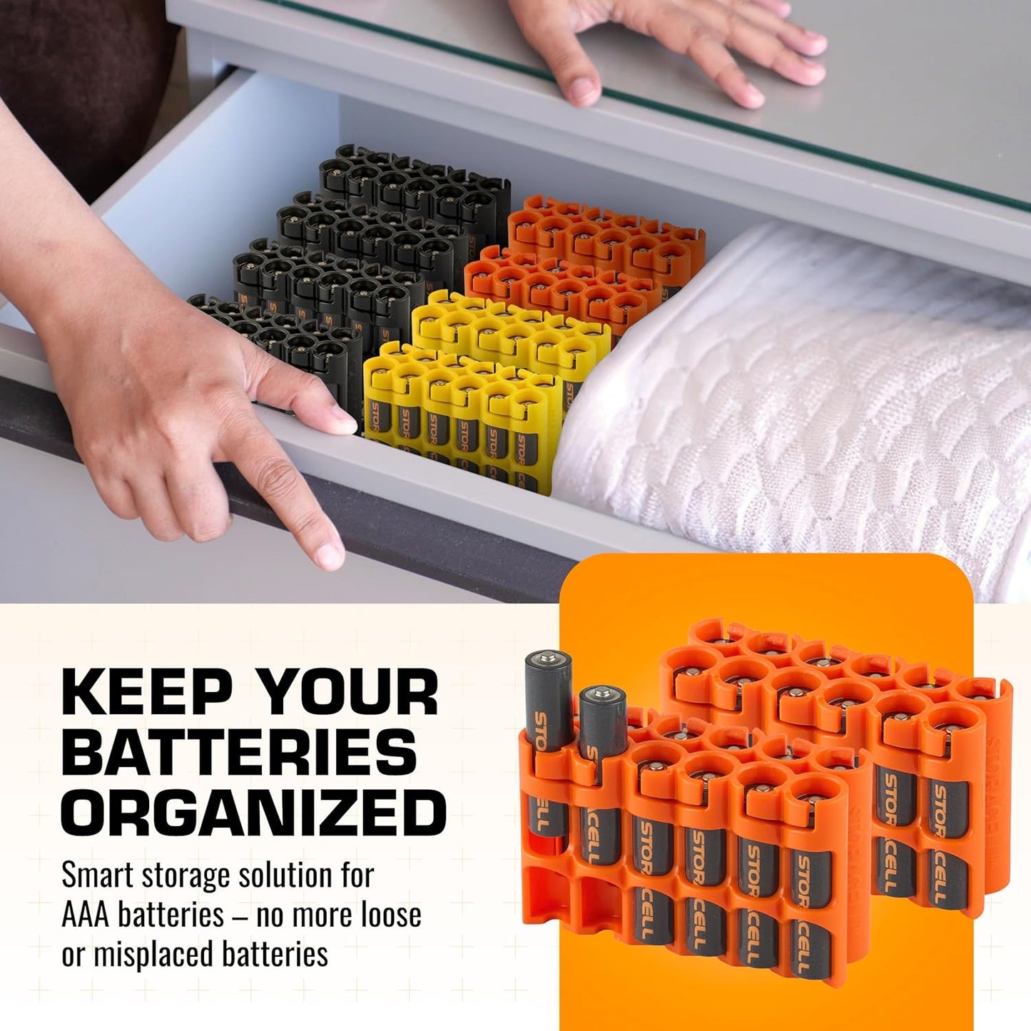 Storacell AAA-12 Battery Storage Caddy and Dispenser (Pack of 2), Orange, Holds 12 AAA Batteries (Not Included), Durable & Compact Design, The Original Battery Caddy, Made in The USA