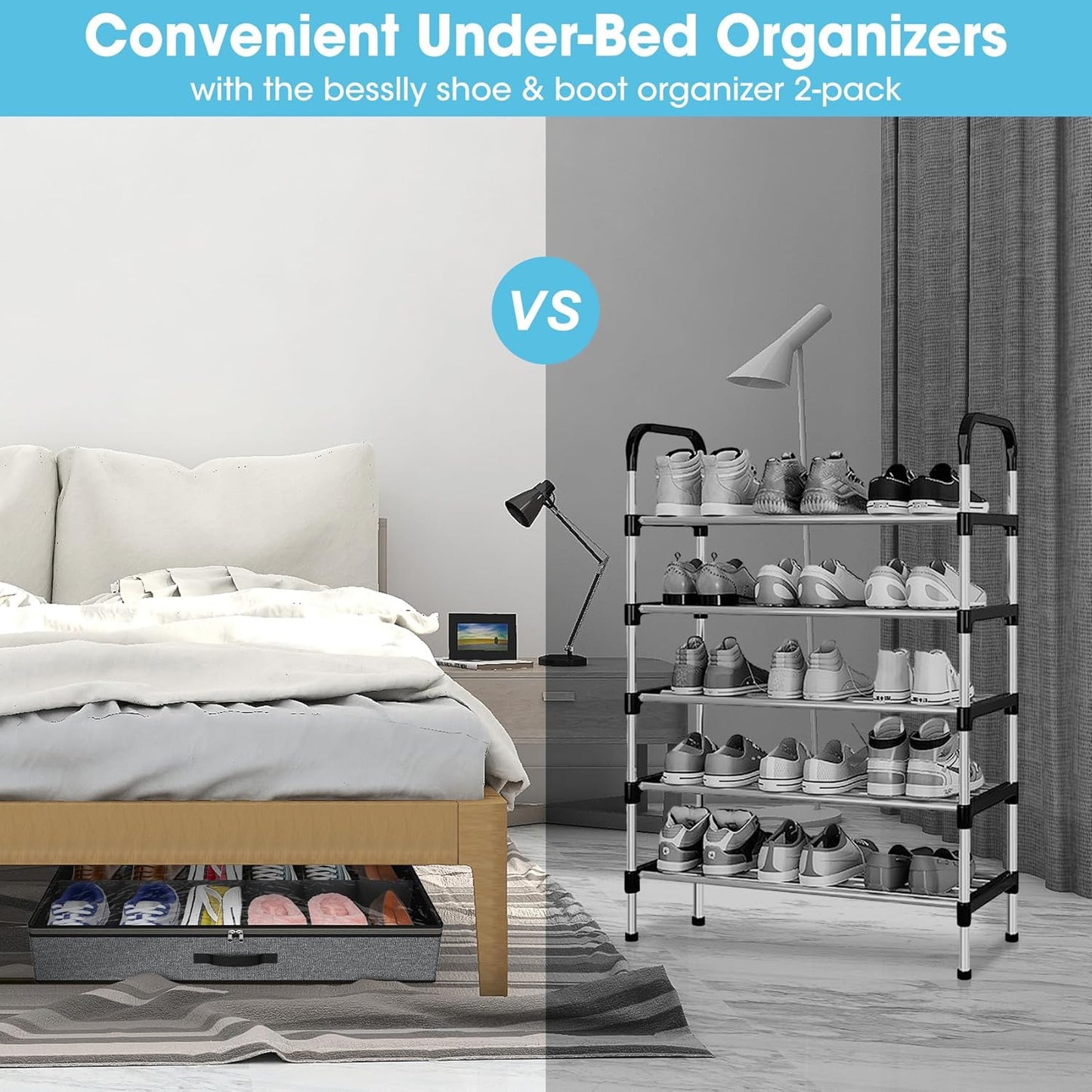 2 Pack Under Bed Shoe Storage Organizer for Closet, Fits Total 24 Pairs Foldable Underbed Shoes Containers Boxes Under the Bed Storage Bedding with Sturdy Handles&Clear Window for College Dorms, Grey