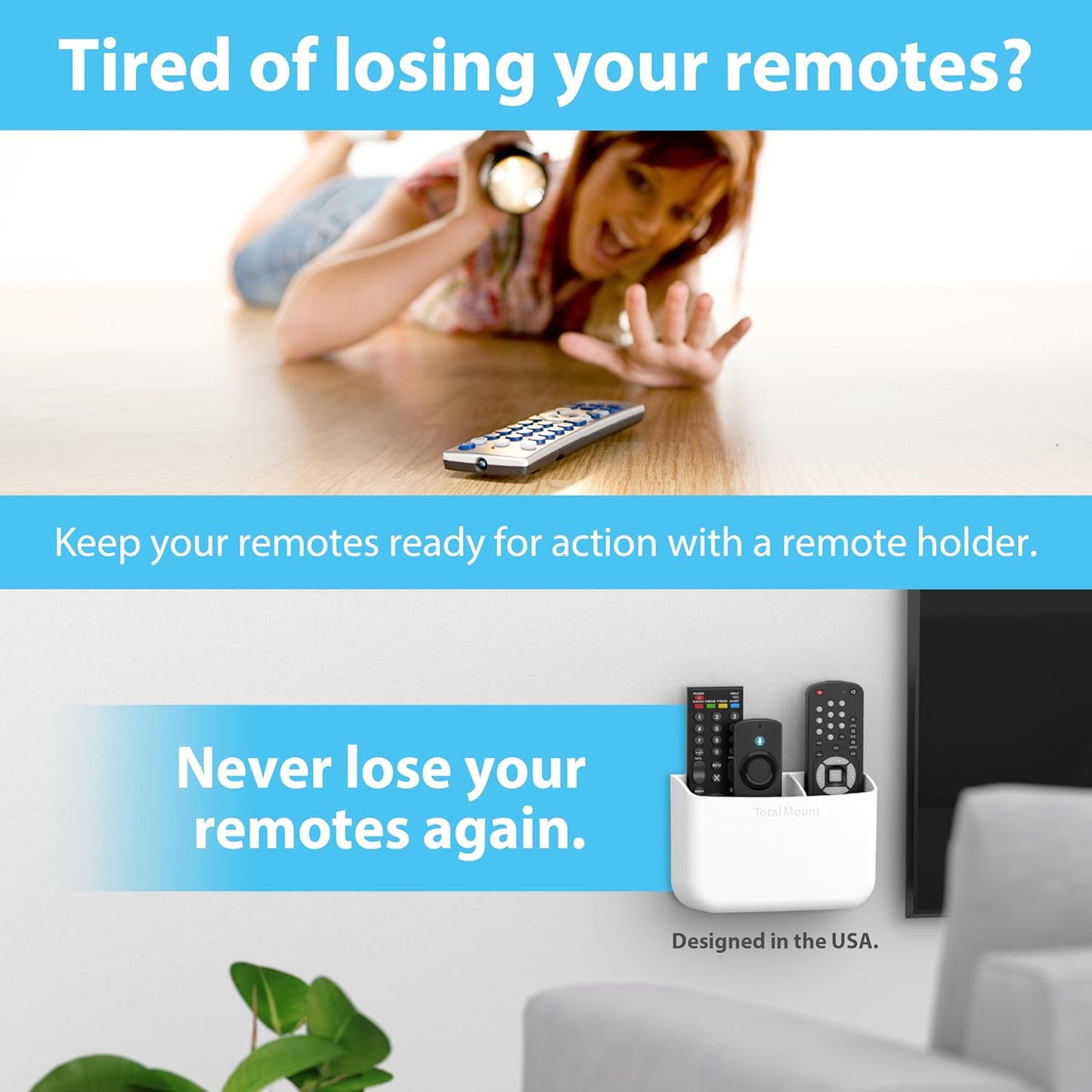 TotalMount Hole-Free Remote Holder – Eliminates Need to Drill Holes in Your Wall (Premium White Holder for 2 or 3 Remotes)