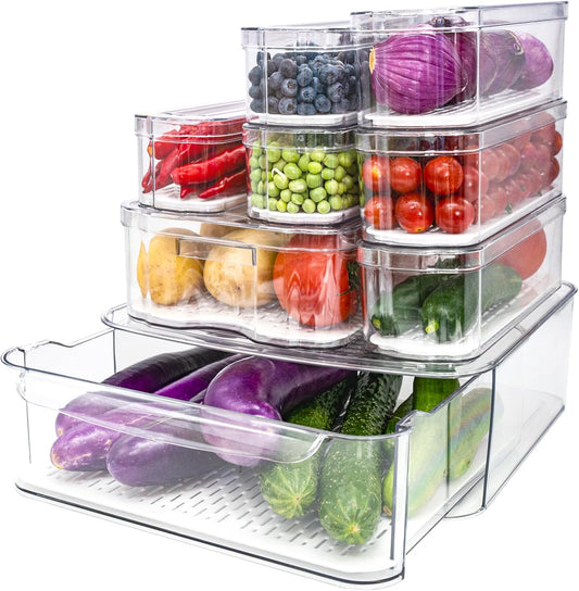 Fridge Organizers and Storage, 8 Pack Clear Freezer Organizer Bins with Lids for Kitchen, Pantry, Refrigerator, Food, Fruit, Vegetable Storage (8 Bins Include A Pull-out Drawer)