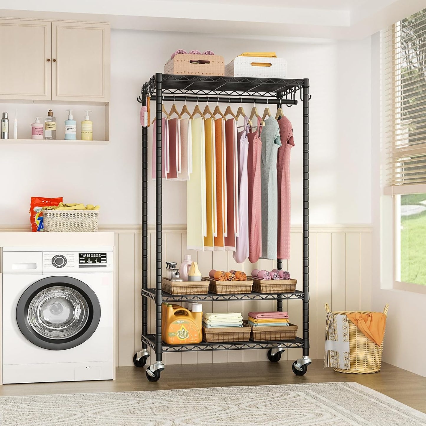FUTASSI P6 Rolling Clothes Rack Heavy Duty, Clothing Racks for Hanging Clothes, Freestanding Garment Rack with Wheels, Portable Closet Rack Max Load 380 LBS, 35.5'' W x 14'' D x 74.6'' H, Black