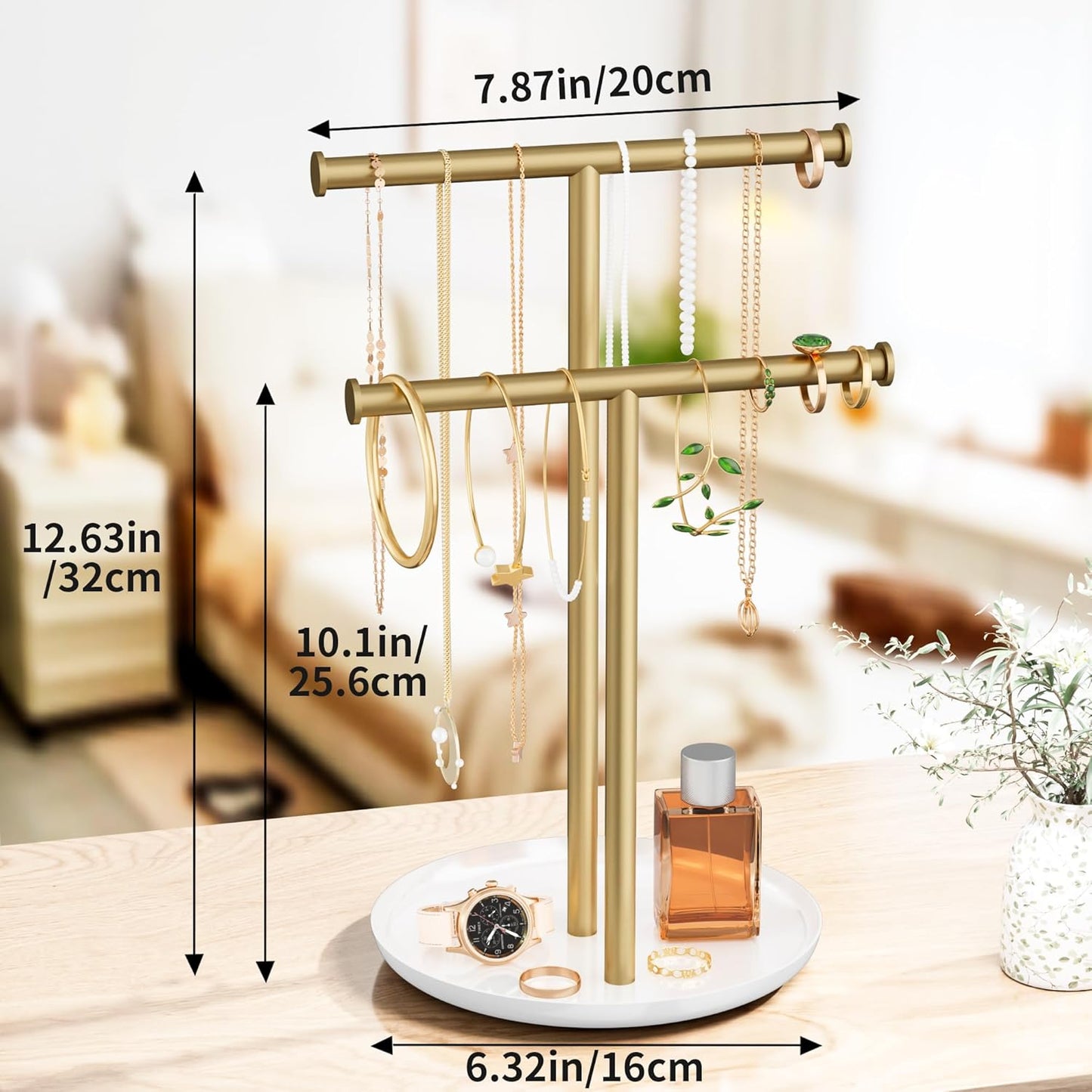 Gold Necklace Rack Stand with Storage Tray - 2 Rods T-Shaped Jewelry Holder Stand for Bracelets, Earrings, Rings | Elegant Vanity & Dresser Top Storage for Women.