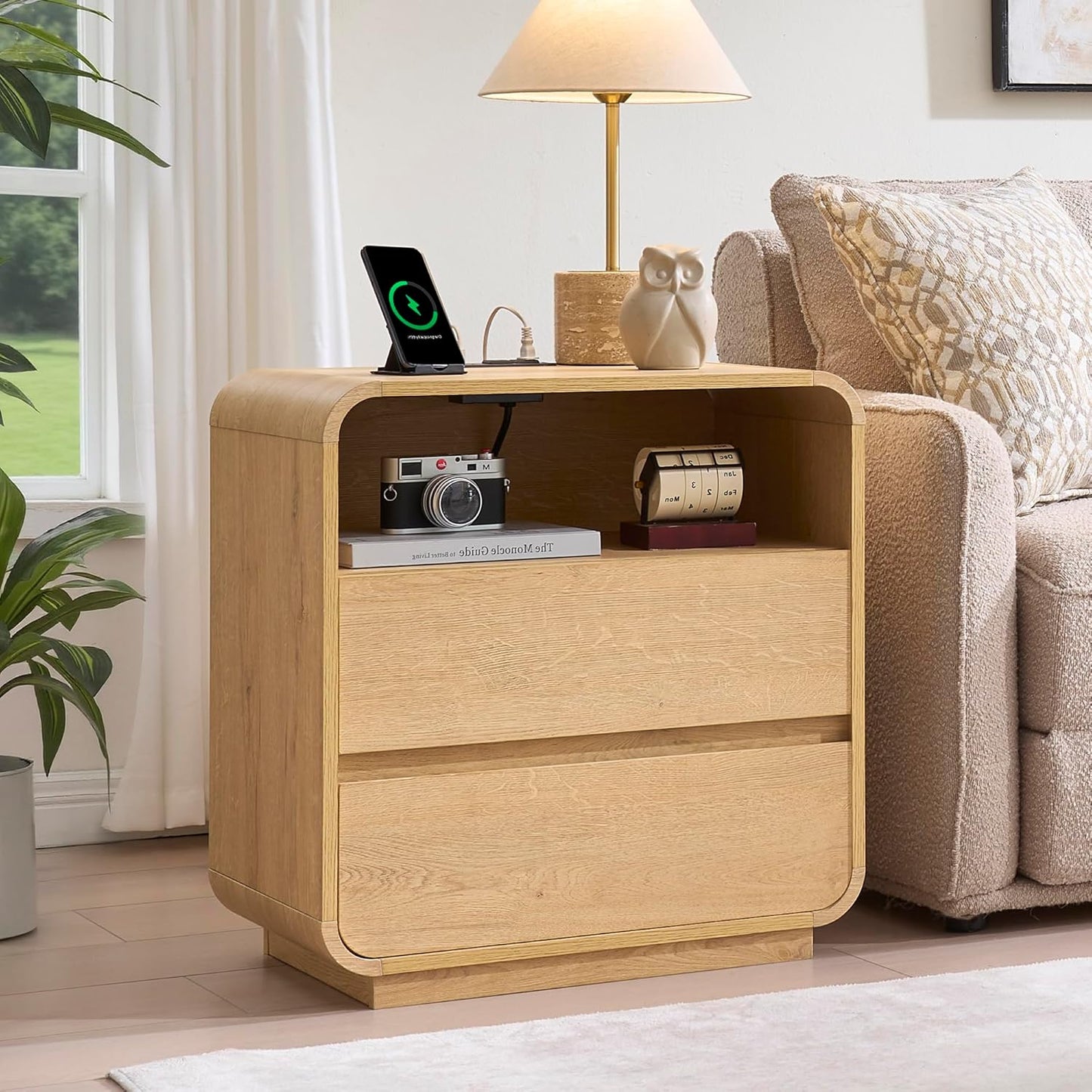 Curved Night Stand Set of 2, 23.2" Large Wood Farmhouse Nightstand with Charging Station & 2 Storage Drawers Bedside Table, Modern End Table for Bedroom, Living Room, Natural