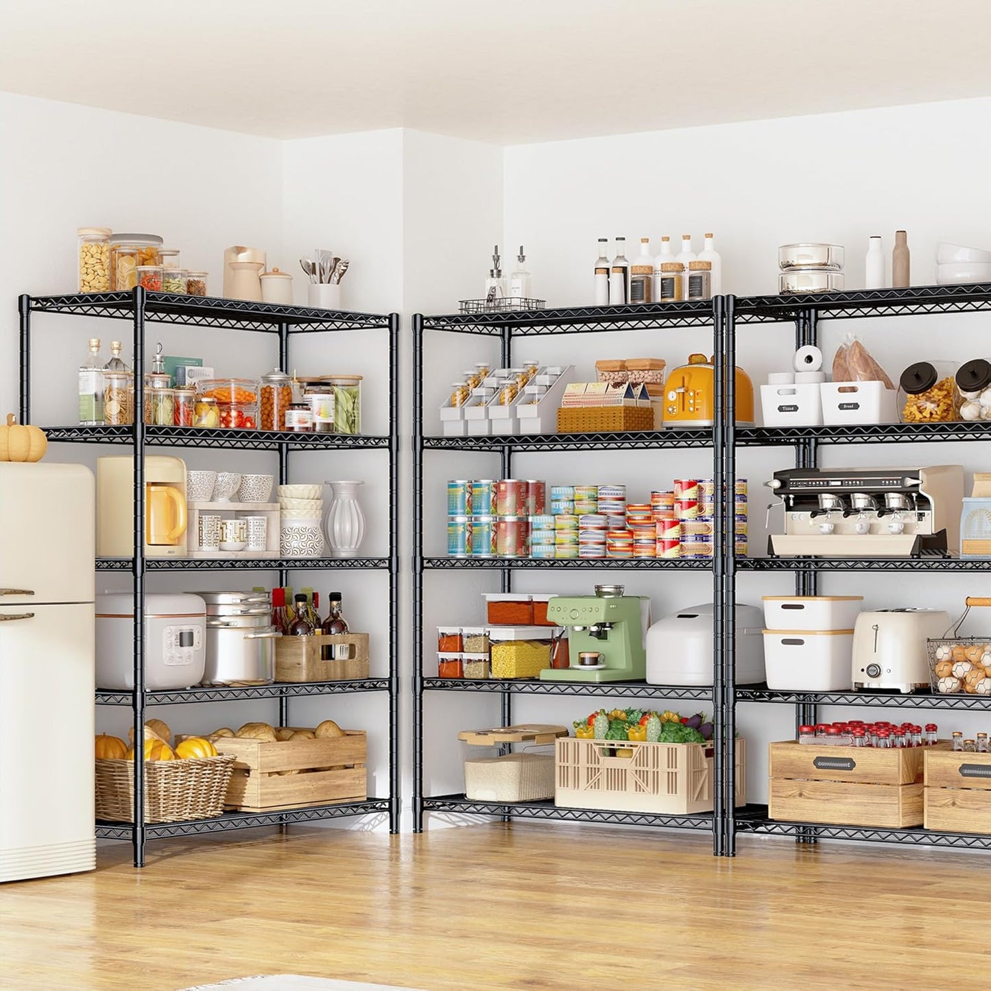 5 Tier Storage Shelves 71" H Wire Shelving Adjustable Metal Shelving,1000LBS Pantry Shelves Sturdy Steel Wire Shelf for Kitchen Commercial Pantry Garage Warehouse,71" H X35.5 W X13.8 D, Black