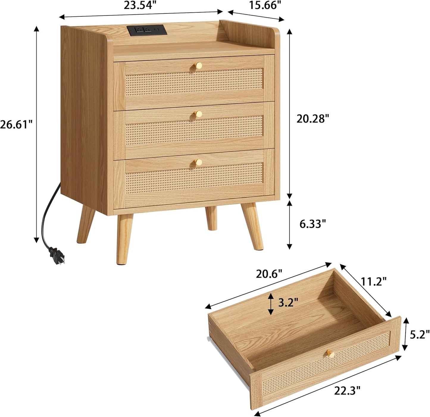 Rattan Night Stand with Charging Station, End Tables with 3 Drawer Dresser, Boho Bedside Table, Mid Century Modern Nightstand, RuralCabinet for Farmhouse Bedroom Living Room Sofa Couch Office Corner