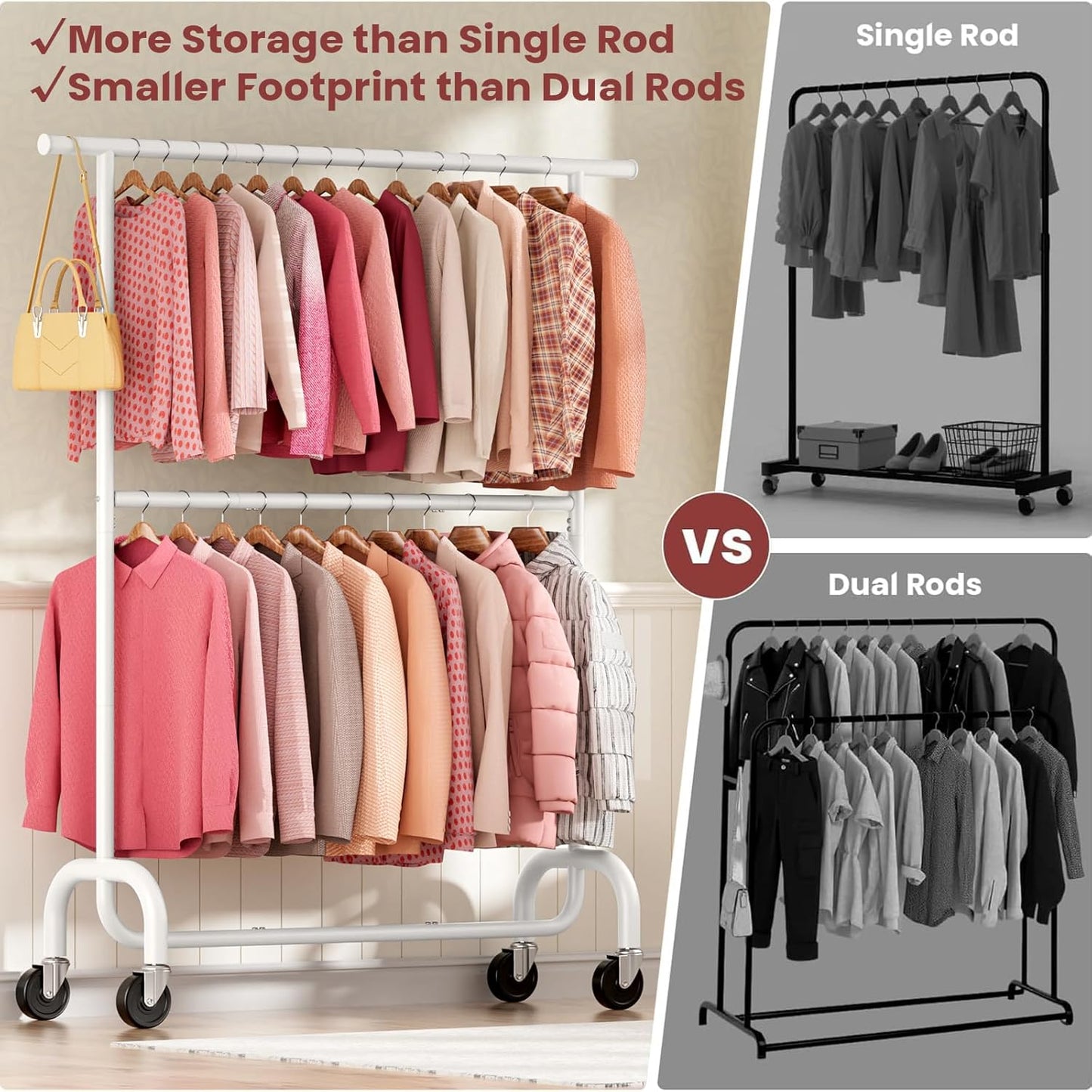 Heavy Duty Clothes Rack Load 600 LBS, Rolling Clothing Rack for Hanging Clothes with Lockable Wheels, Double Rod Garment Rack for Bedroom, Laundry, Living Room, White