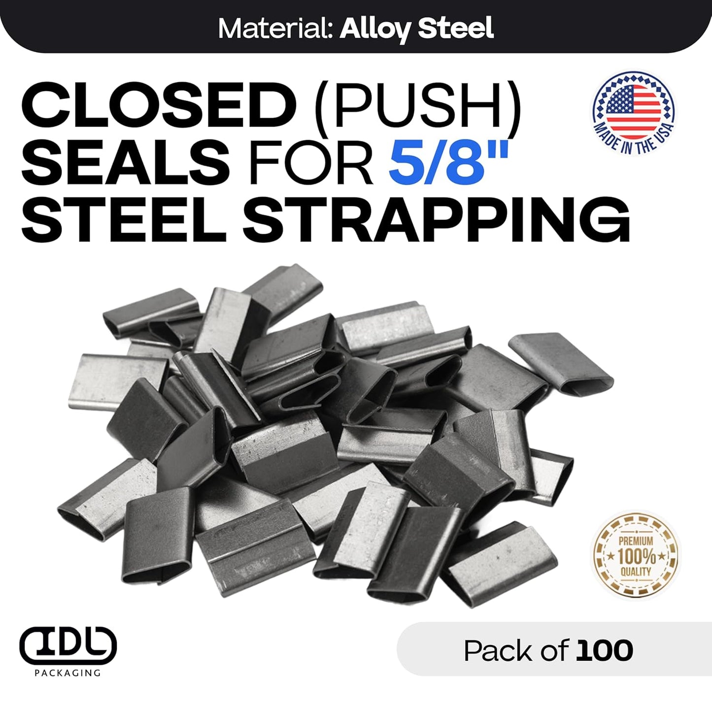IDL Packaging Closed (Push Type) Seals for 5/8" Strap Width Steel Strapping (Pack of 100) - Superior Holding Power - Sturdy Metal Clips for Reliable Securing of Packaging Banding