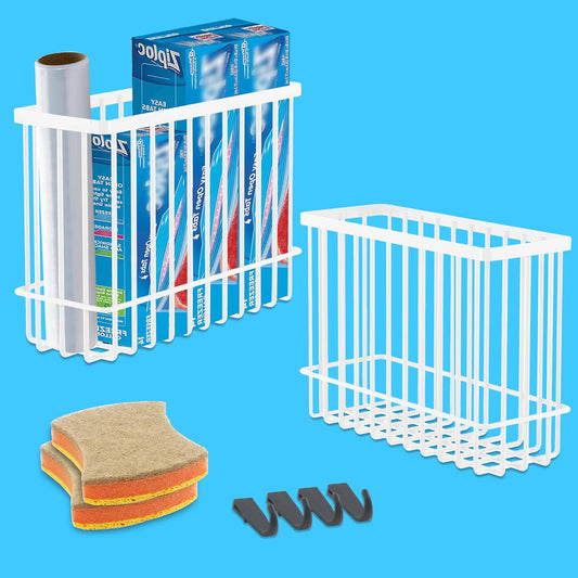 2 Pack Cabinet Organizer Storage, Over Cabinet Door Organizer with 2 Adhesive, 2 Sponges, 4 Hooks, No Drilling Space Saver Lid Organizers Inside Cabinet for Kitchen Office Bedroom (Small, Medium)