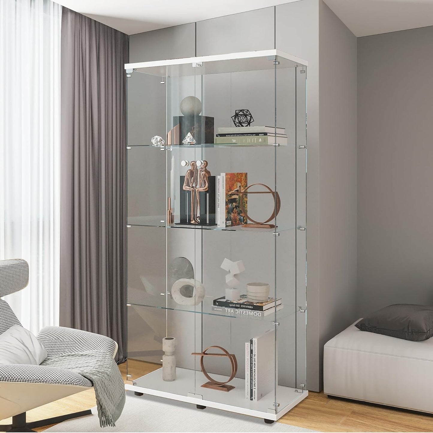 Beauty4U Glass Display Cabinet with 4 Shelves, 2 Doors Curio Cabinets for Living Room, Bedroom, Office, White Floor Standing Glass Bookshelf, Quick Installation