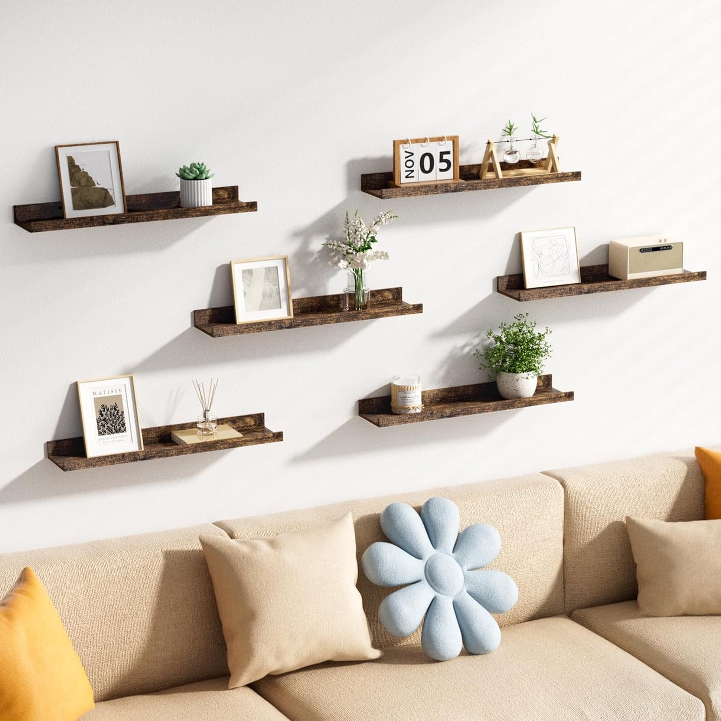 upsimples Floating Shelves for Wall, 23.6 Inch Shelves for Decor Storage Set of 6, Wall Mounted Wood Shelf for Bedroom, Living Room, Bathroom, Kitchen, Long Picture Ledge Shelves, Brown