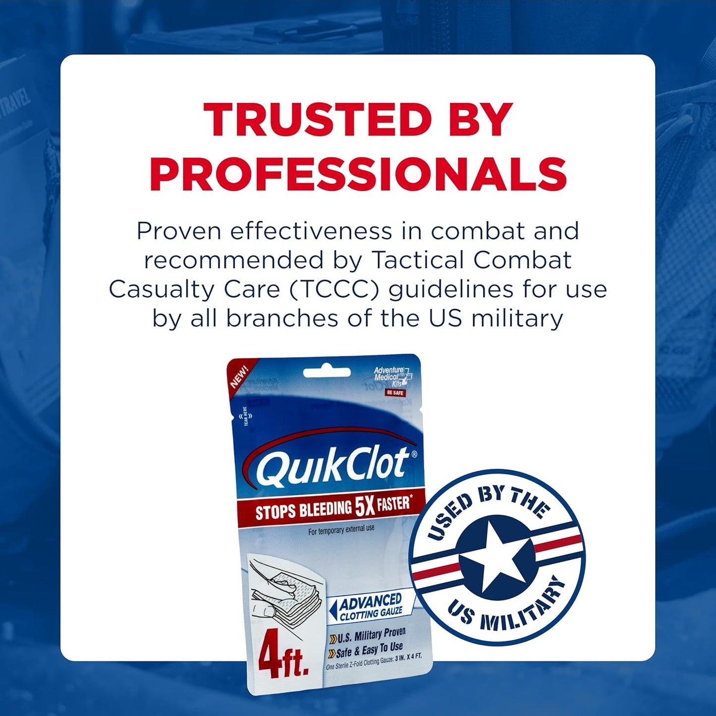 Adventure Medical Kits QuikClot Gauze - Flexible Hemostatic Medical Gauze for Emergency Survival or Disaster Preparedness Kits & More - Stops Bleeding Fast with Kaolin - 3" x 48"