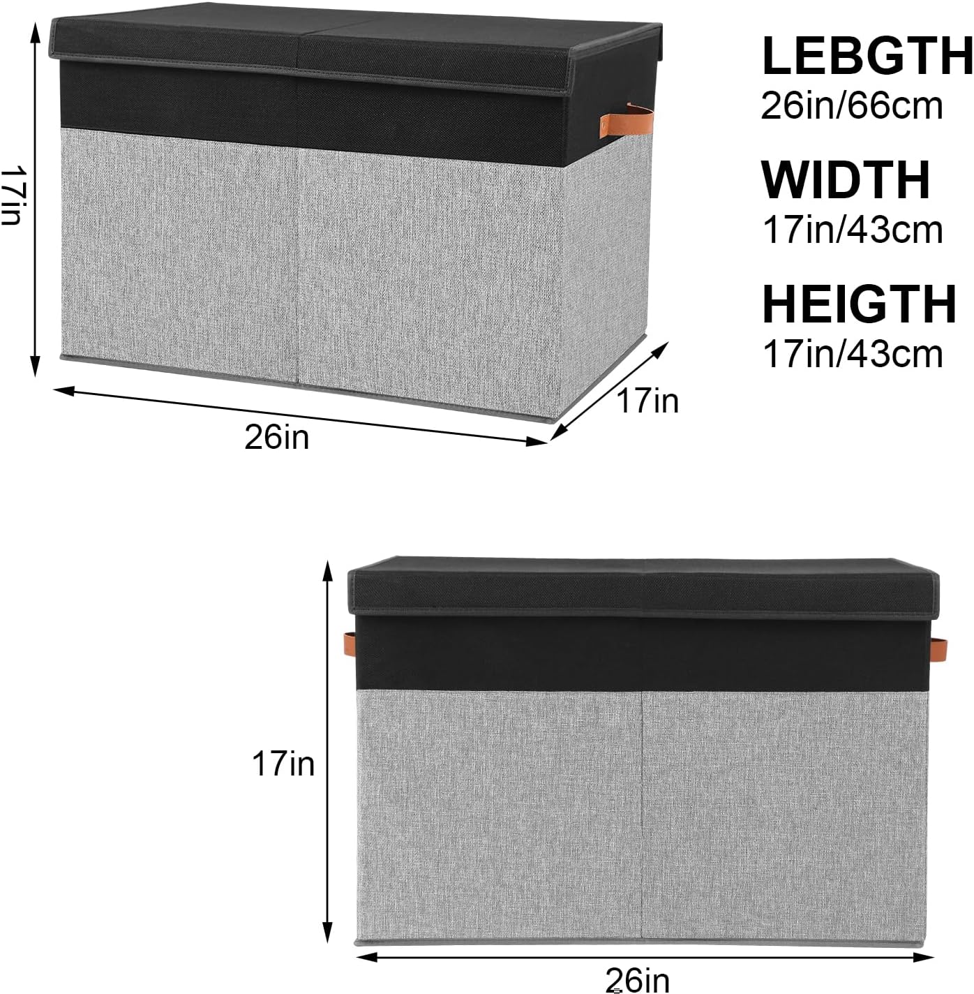 Large Toy Storage Box with Lid, Sturdy Toys Storage Chest Bin Organizer Basket with Dividers for Kids, Boys, Girls, Nursery, Closet, Bedroom, Playroom 26"x17" x17" (Black and Grey)