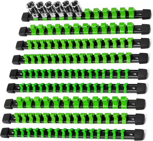Socket Organizer Drive ABS Tools - Green Socket Holder, Premium Quality 9 Pieces Socket Holders Kit 1/4-Inch x 48 Clips, 3/8-Inch x 45 Clips, 1/2-Inch x 36 Clips（9PC,Green