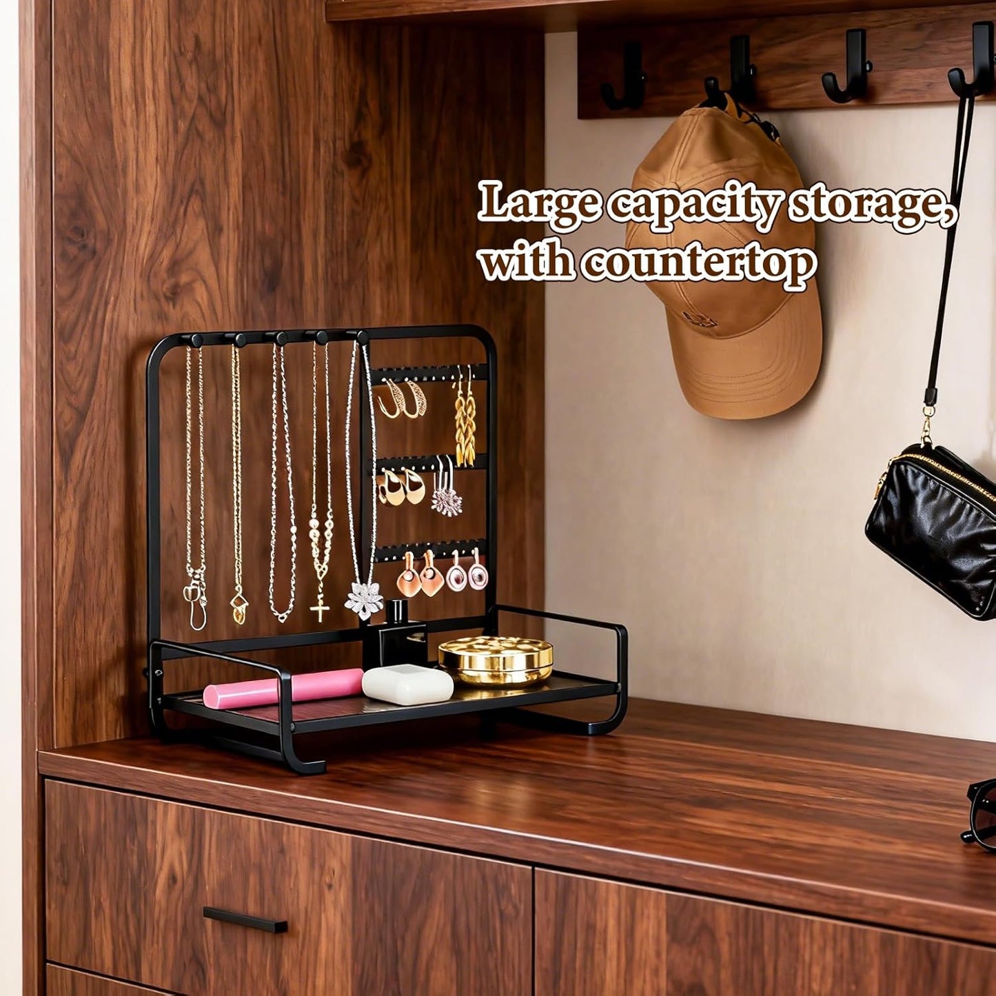 Jewelry Holder, Jewelry Organizer Display Holder with Metal Frame, Jewlery Stand with Metal Frame and Wooden Base, Display With Storage Bottom Plate for Earrings for Necklace Bracelet Earring Ring