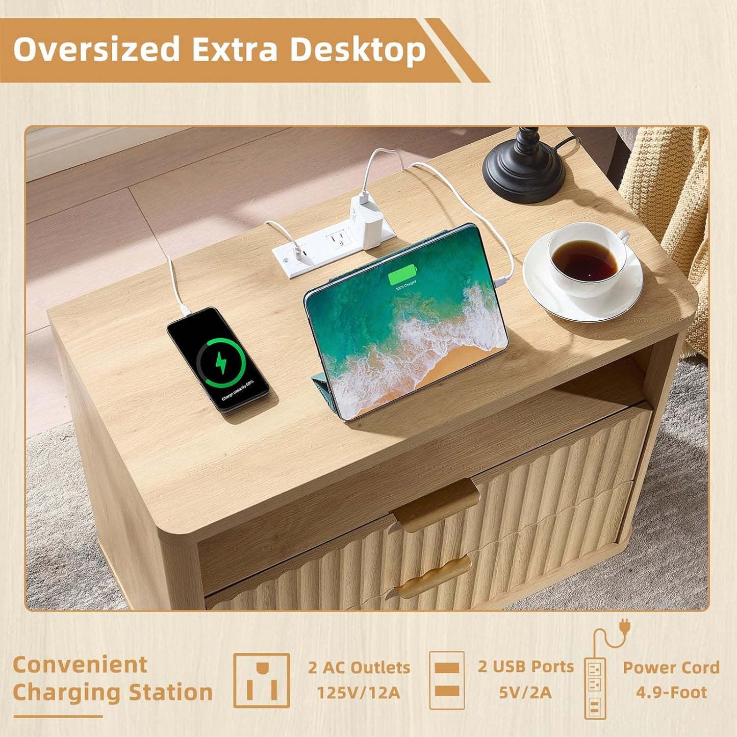 LEYAOYAO 31" Wide Fluted Nightstand with Charging Station, Oversized Extra Large 2 Drawers Night Stand,Natural Wood Bedside Table,Tall Bed Side End Tables,Modern Chest of Drawers Dressers for Bedroom