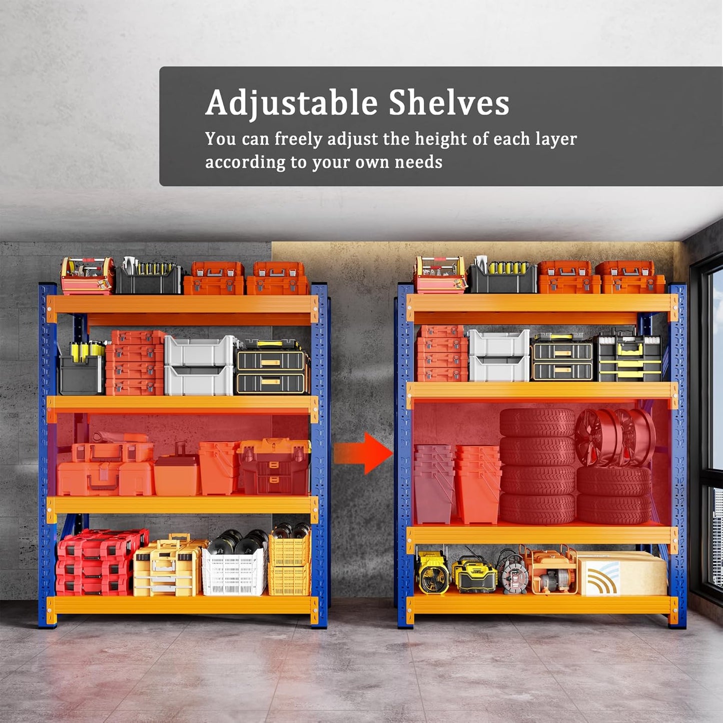 4000LBS Garage Shelving 48" W Garage Shelving Heavy Duty 4-Tier Metal Storage Shelves Adjustable Shelf Unit Storage Rack for Basement Supermarket Warehouse 48" W x 20" D x 78" H Blue-Orange